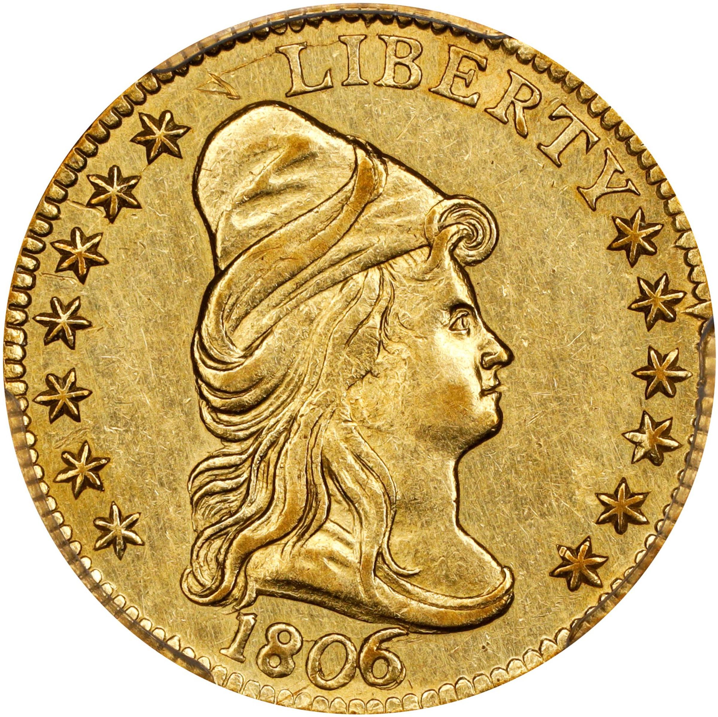 image for: 1806/5 Capped Bust Right Quarter Eagle. BD-2. Rarity-5+. Stars 7x6. AU-58 (PCGS).