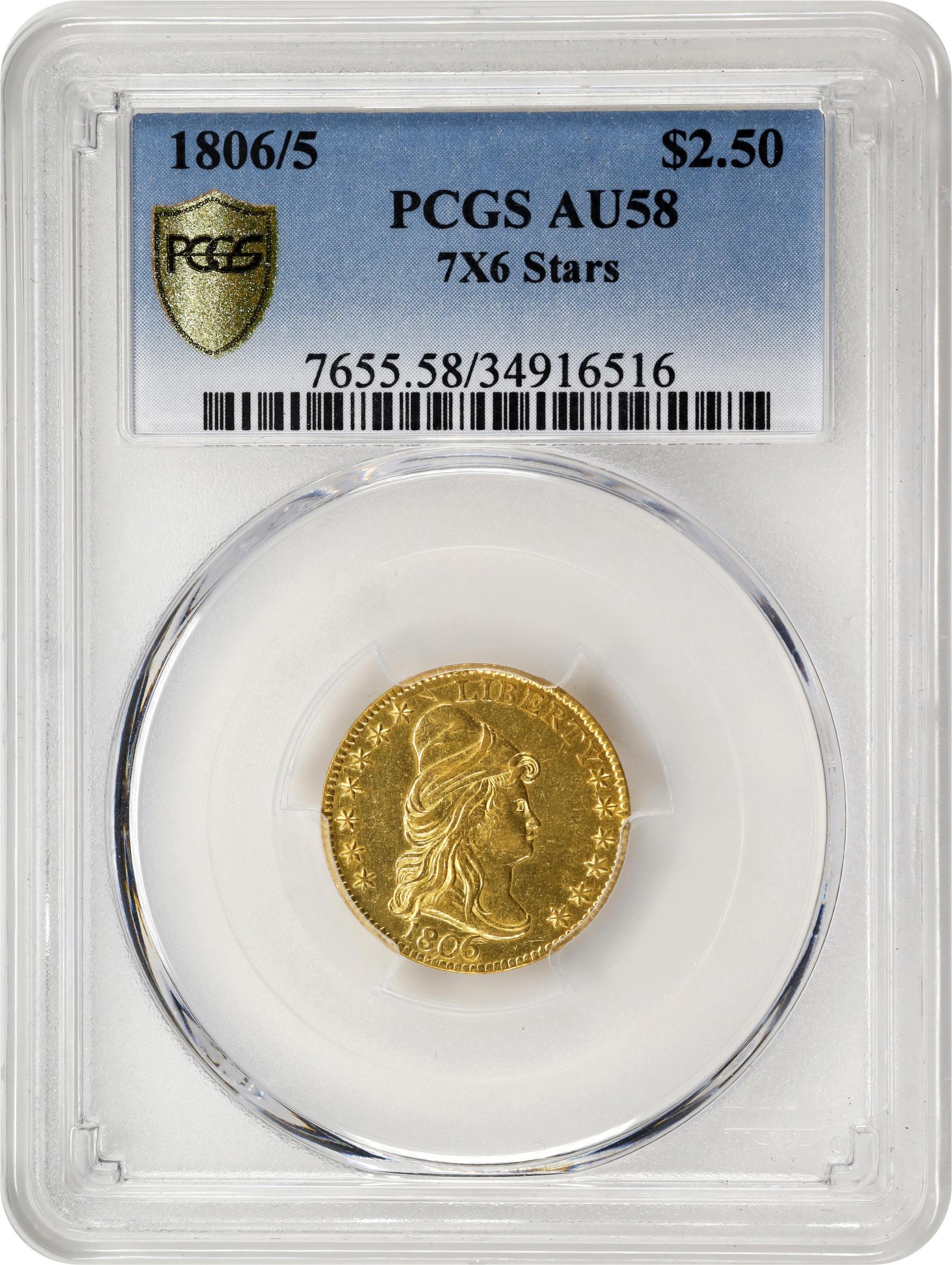 image for: 1806/5 Capped Bust Right Quarter Eagle. BD-2. Rarity-5+. Stars 7x6. AU-58 (PCGS).