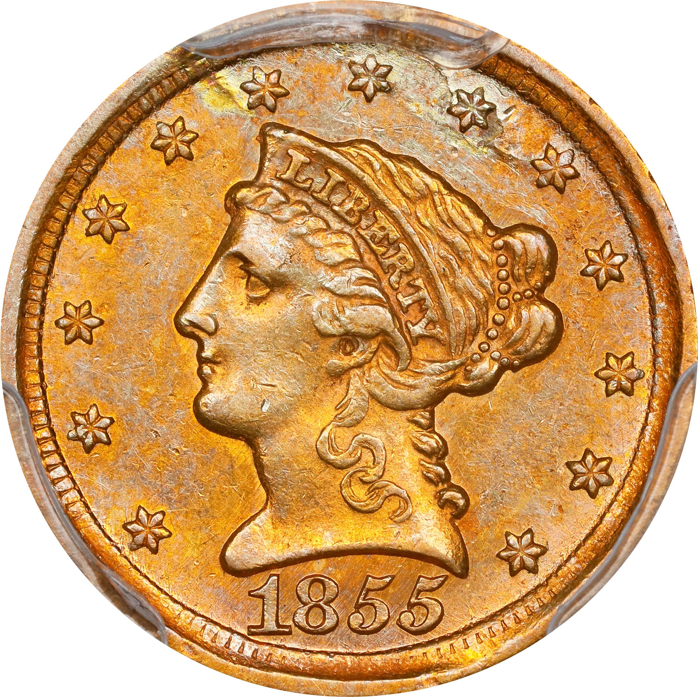 image for: 1855-D Liberty Head Quarter Eagle. Winter 19-N. AU-55 (PCGS).