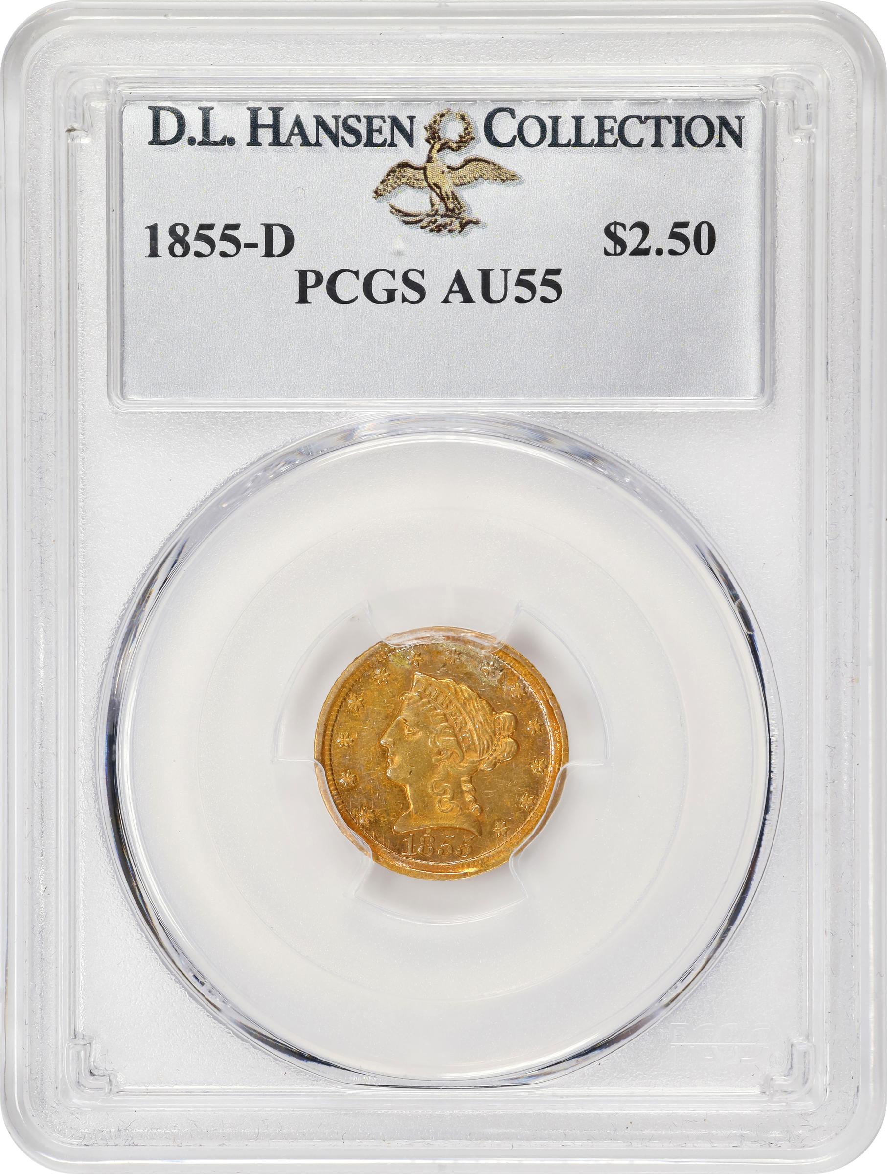 image for: 1855-D Liberty Head Quarter Eagle. Winter 19-N. AU-55 (PCGS).