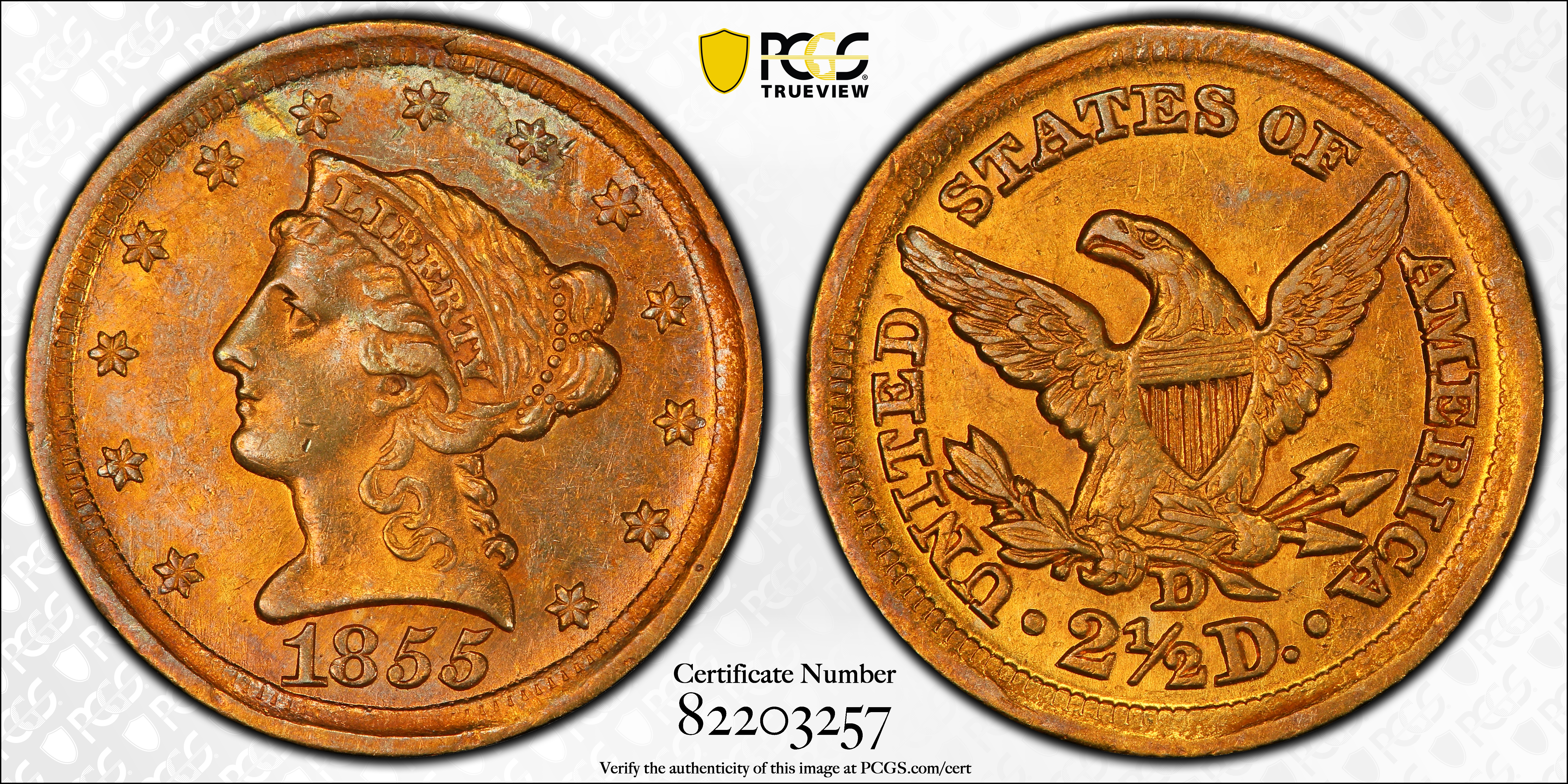 image for: 1855-D Liberty Head Quarter Eagle. Winter 19-N. AU-55 (PCGS).