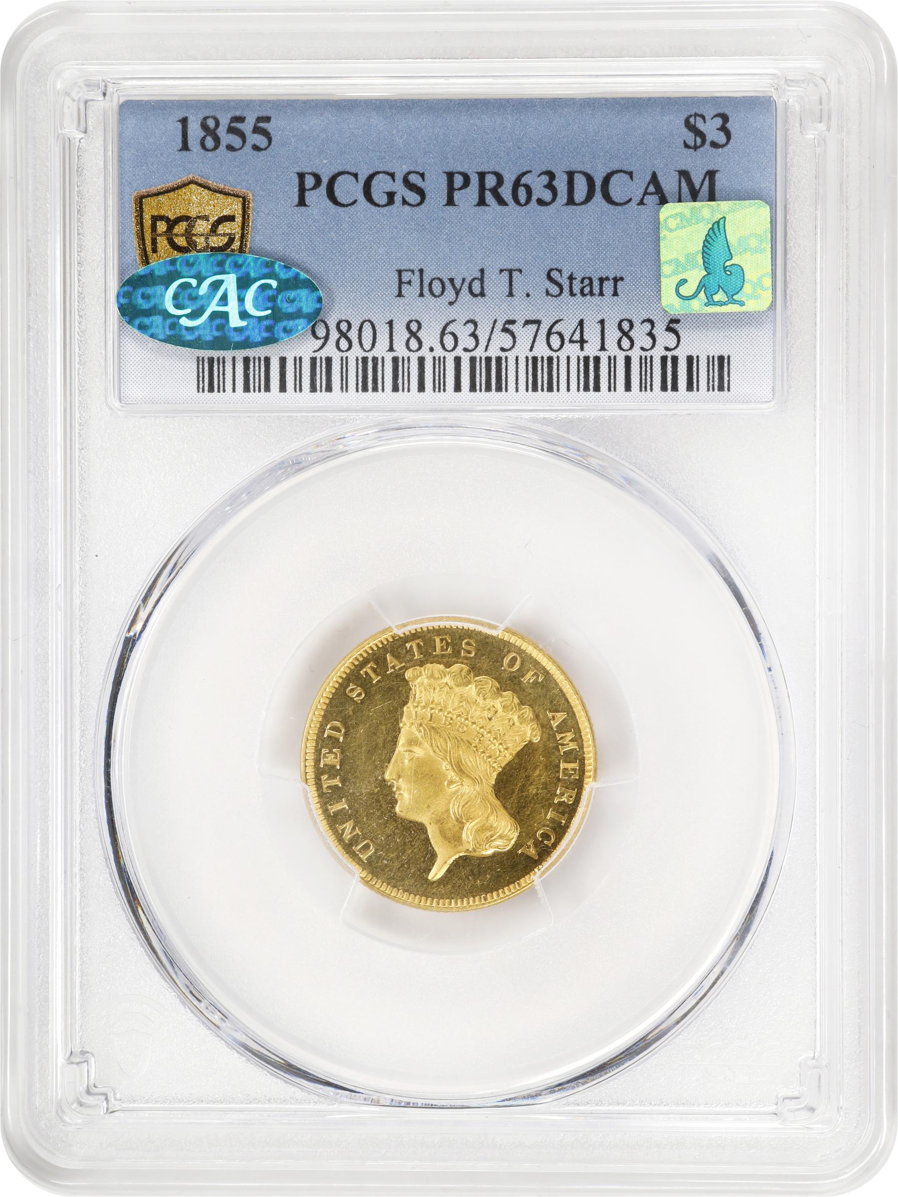 image for: 1855 Three-Dollar Gold Piece. JD-1. Rarity-7+. Proof-63 Deep Cameo (PCGS). CAC. CMQ.