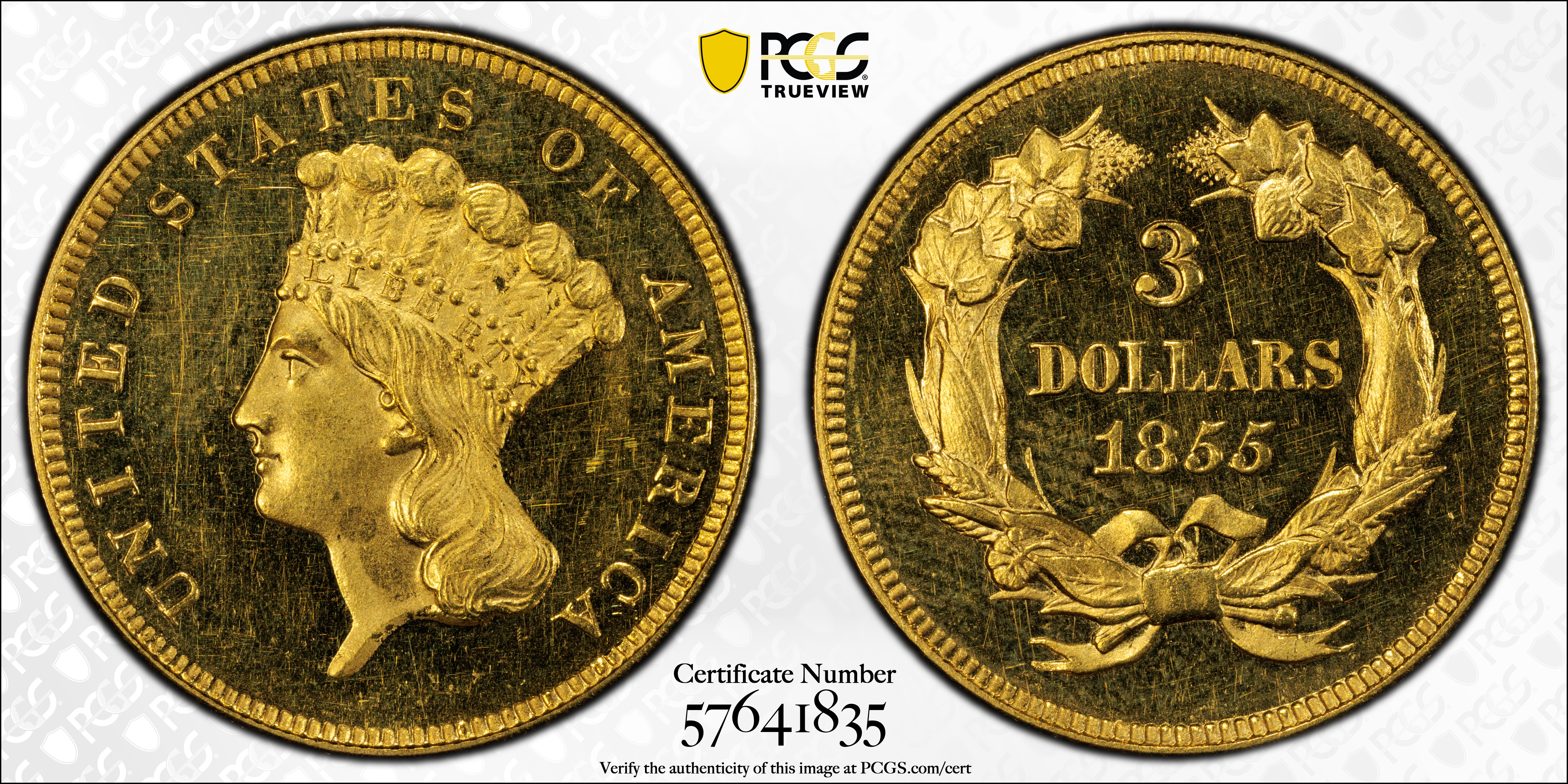 image for: 1855 Three-Dollar Gold Piece. JD-1. Rarity-7+. Proof-63 Deep Cameo (PCGS). CAC. CMQ.