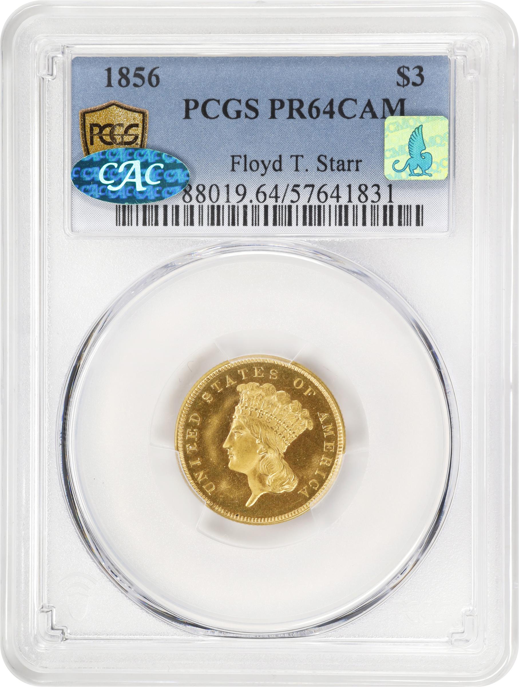 image for: 1856 Three-Dollar Gold Piece. JD-1. Rarity-7. Proof-64 Cameo (PCGS). CAC. CMQ.