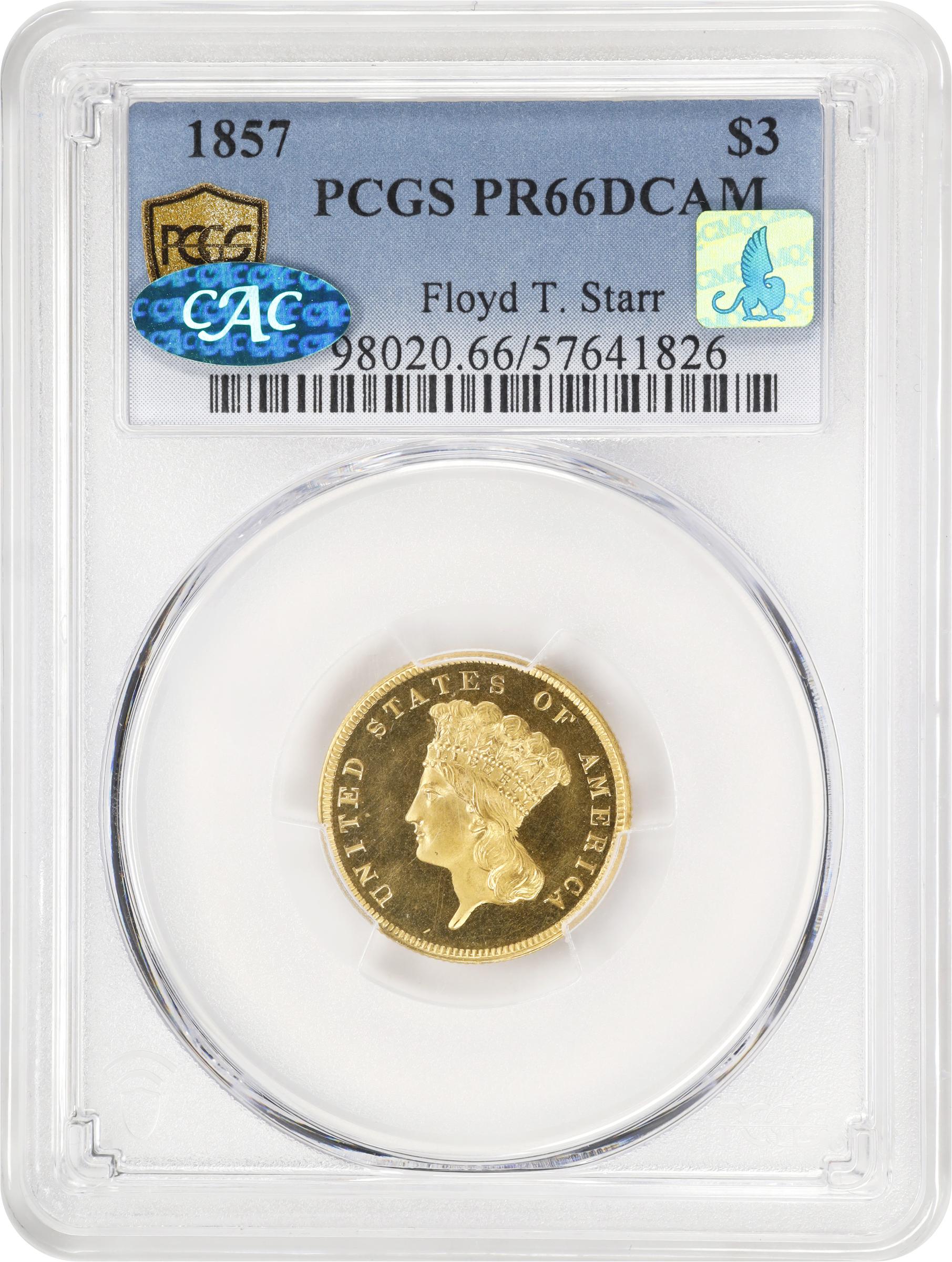 image for: 1857 Three-Dollar Gold Piece. JD-1. Rarity-7. Proof-66 Deep Cameo (PCGS). CAC. CMQ.