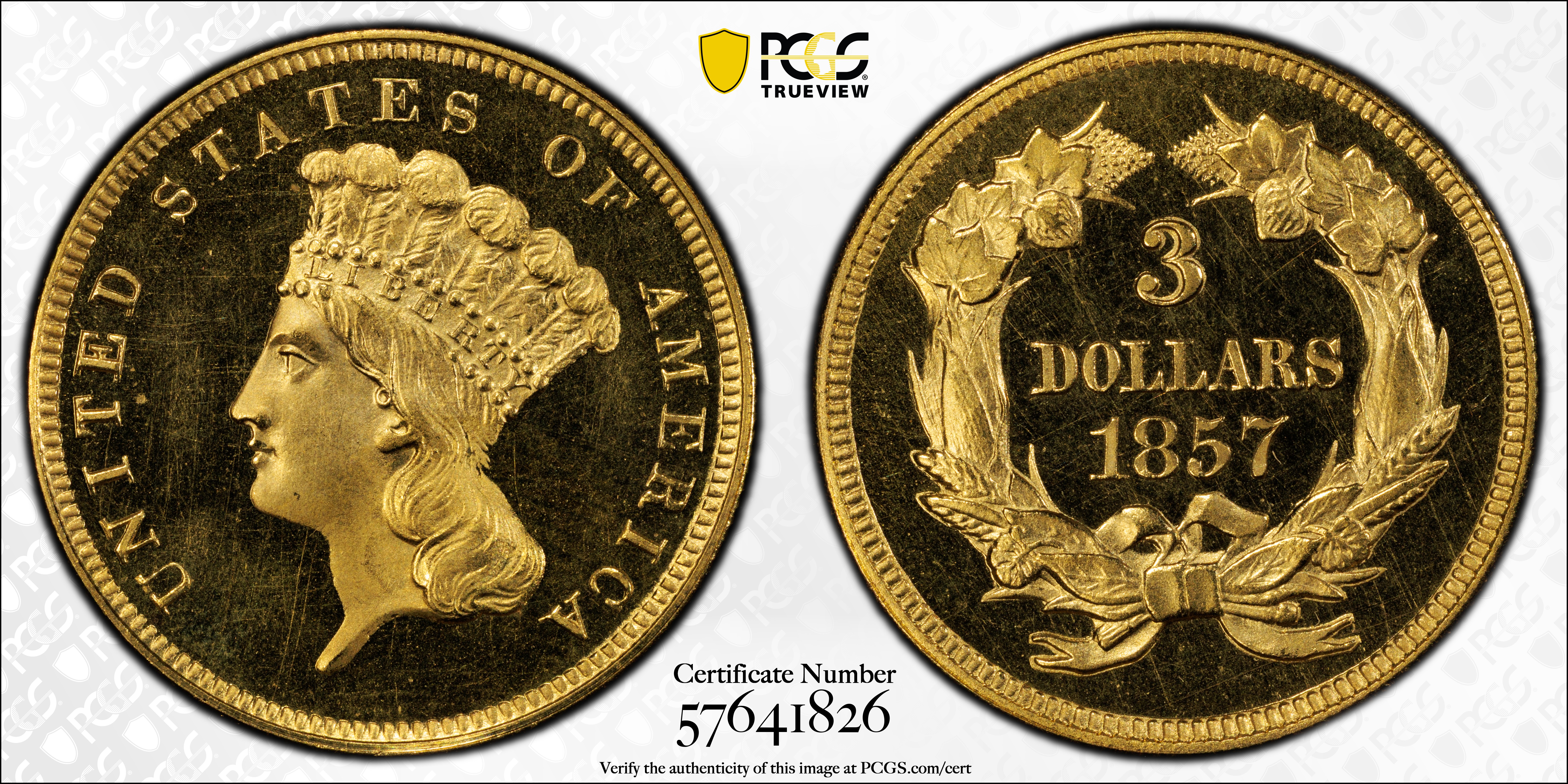 image for: 1857 Three-Dollar Gold Piece. JD-1. Rarity-7. Proof-66 Deep Cameo (PCGS). CAC. CMQ.