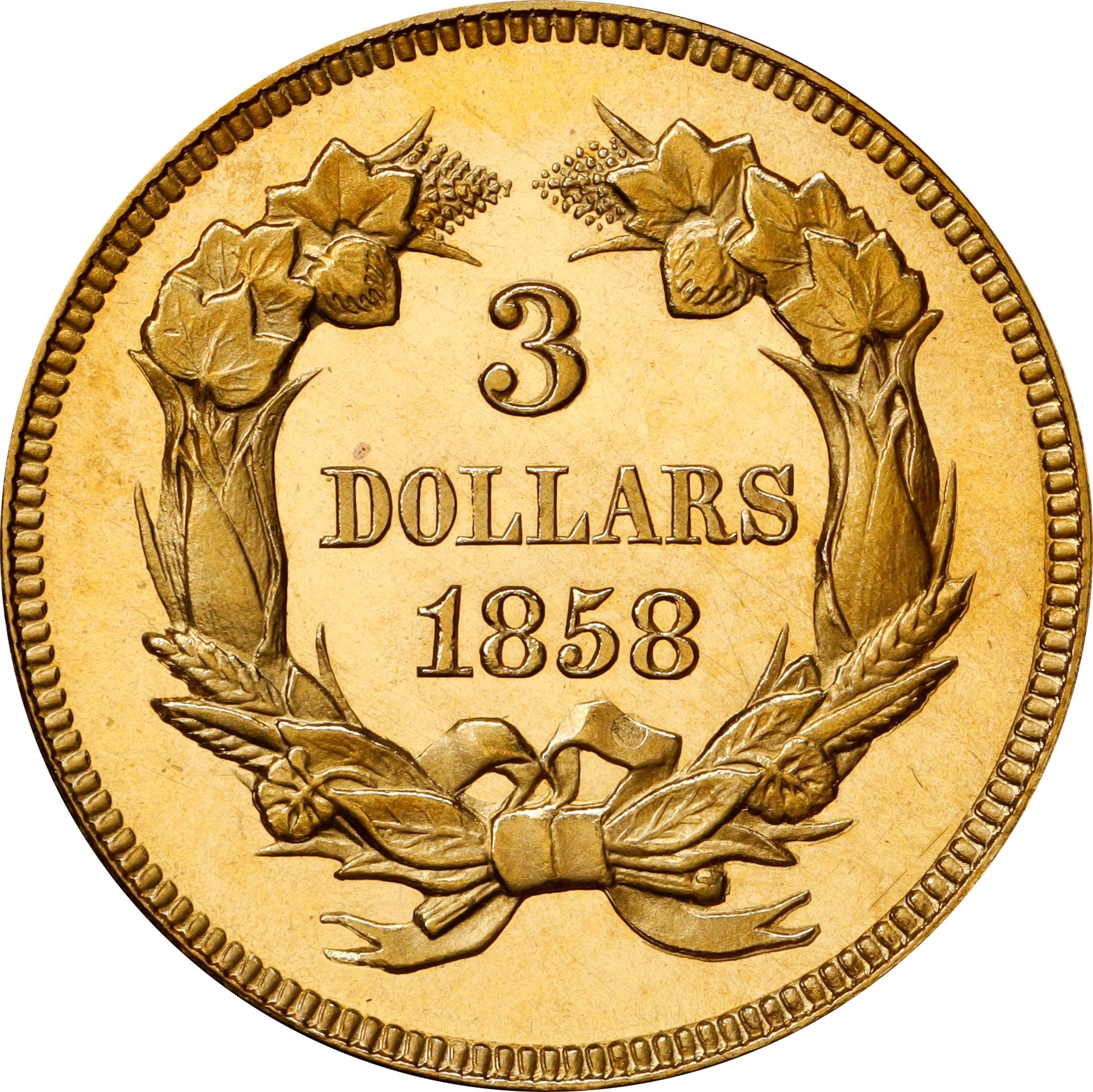 image for: 1858 Three-Dollar Gold Piece. JD-1. Rarity-7-. Proof-64 Cameo (PCGS). CAC. CMQ.