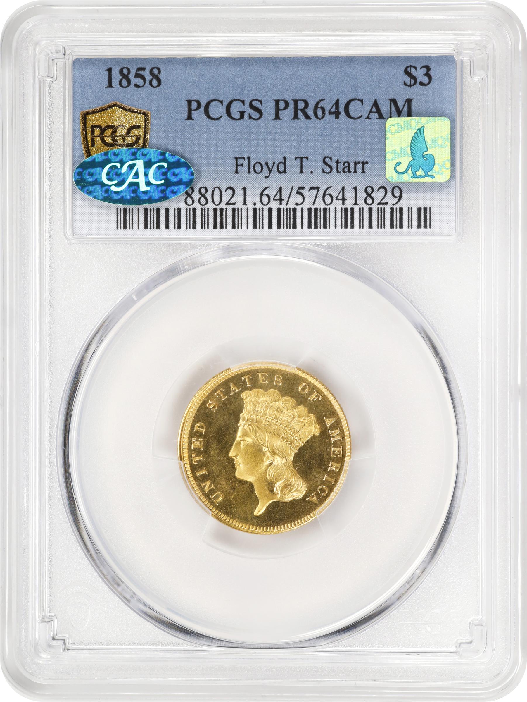 image for: 1858 Three-Dollar Gold Piece. JD-1. Rarity-7-. Proof-64 Cameo (PCGS). CAC. CMQ.