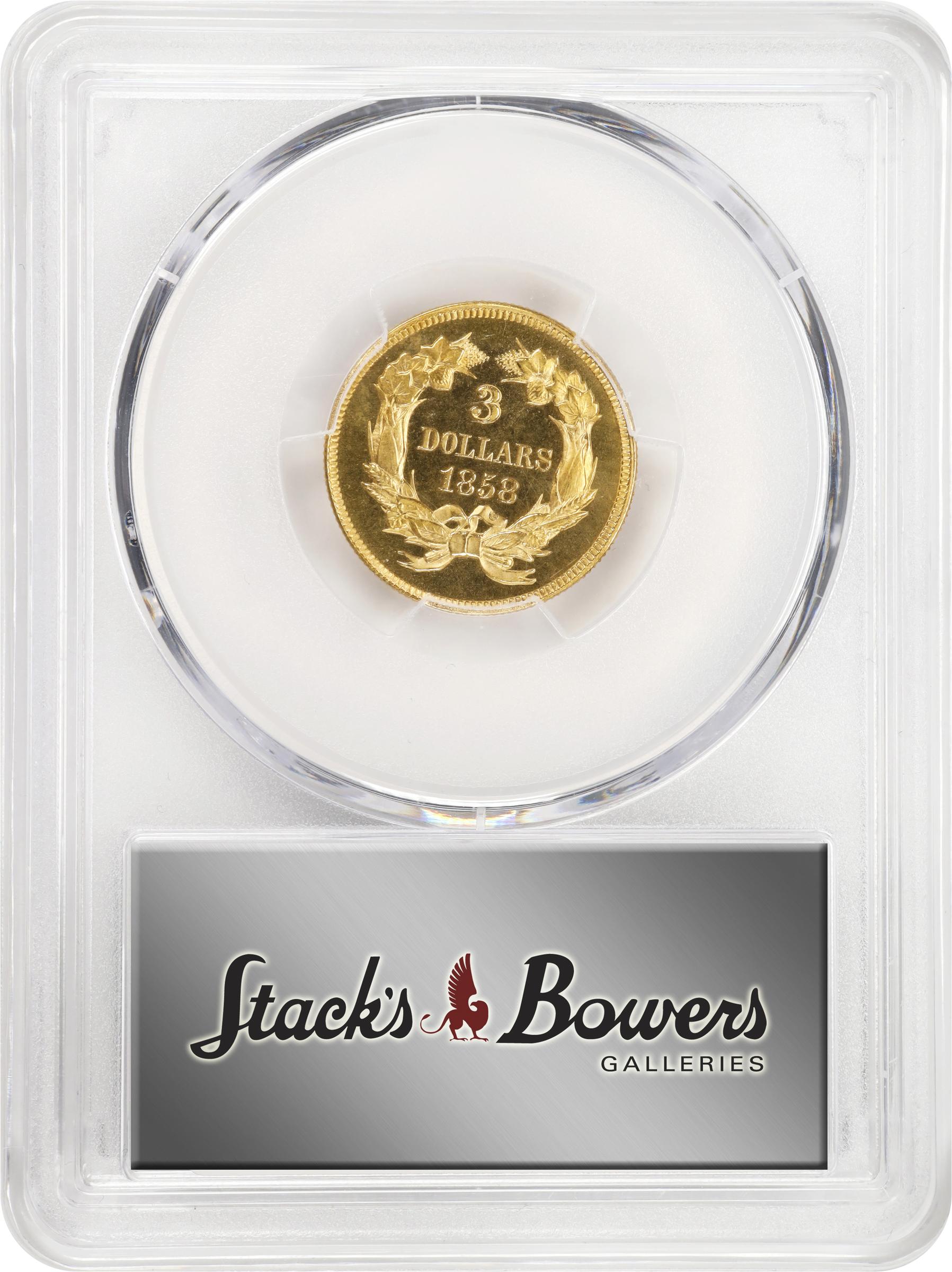 image for: 1858 Three-Dollar Gold Piece. JD-1. Rarity-7-. Proof-64 Cameo (PCGS). CAC. CMQ.