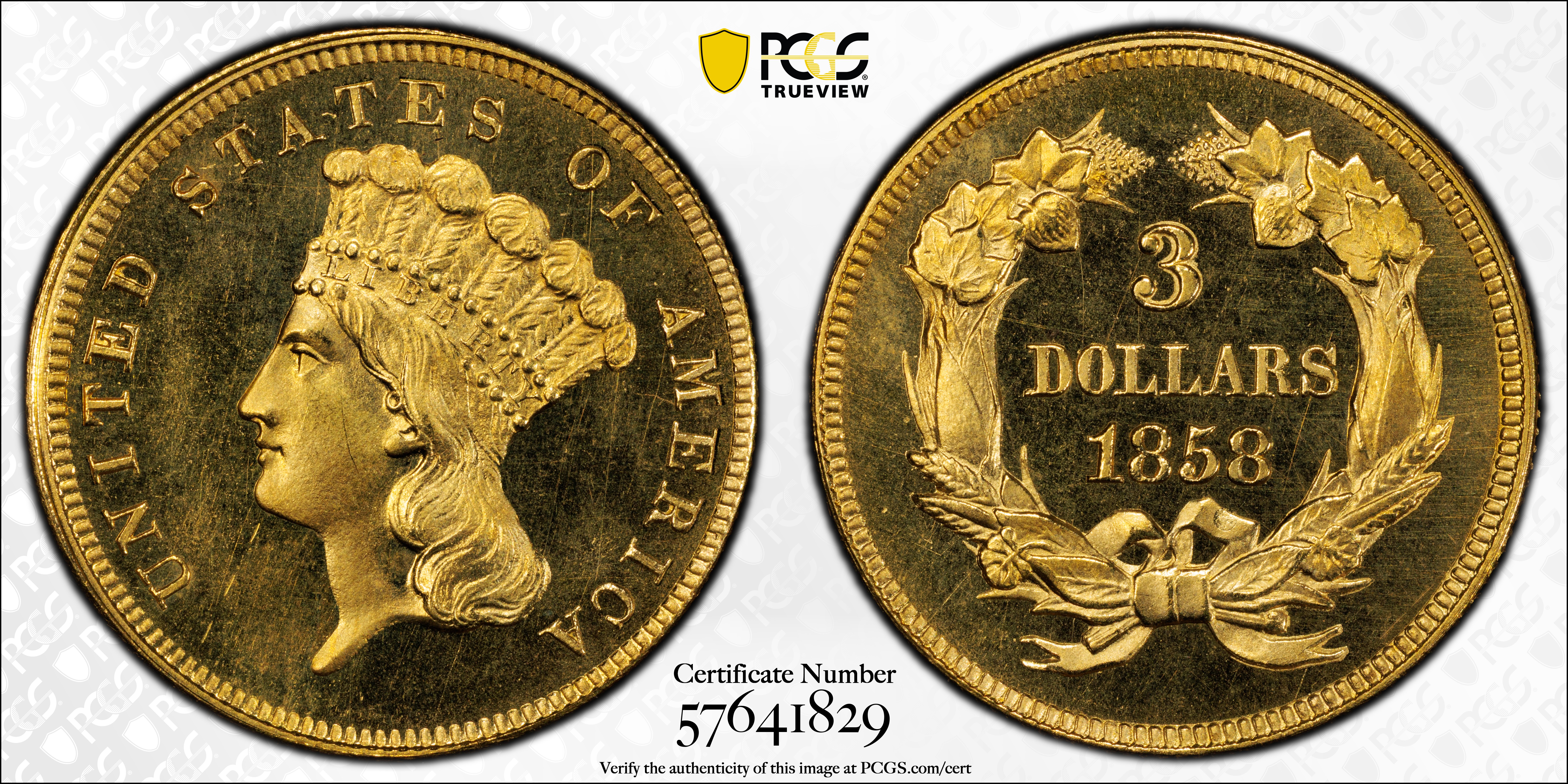 image for: 1858 Three-Dollar Gold Piece. JD-1. Rarity-7-. Proof-64 Cameo (PCGS). CAC. CMQ.