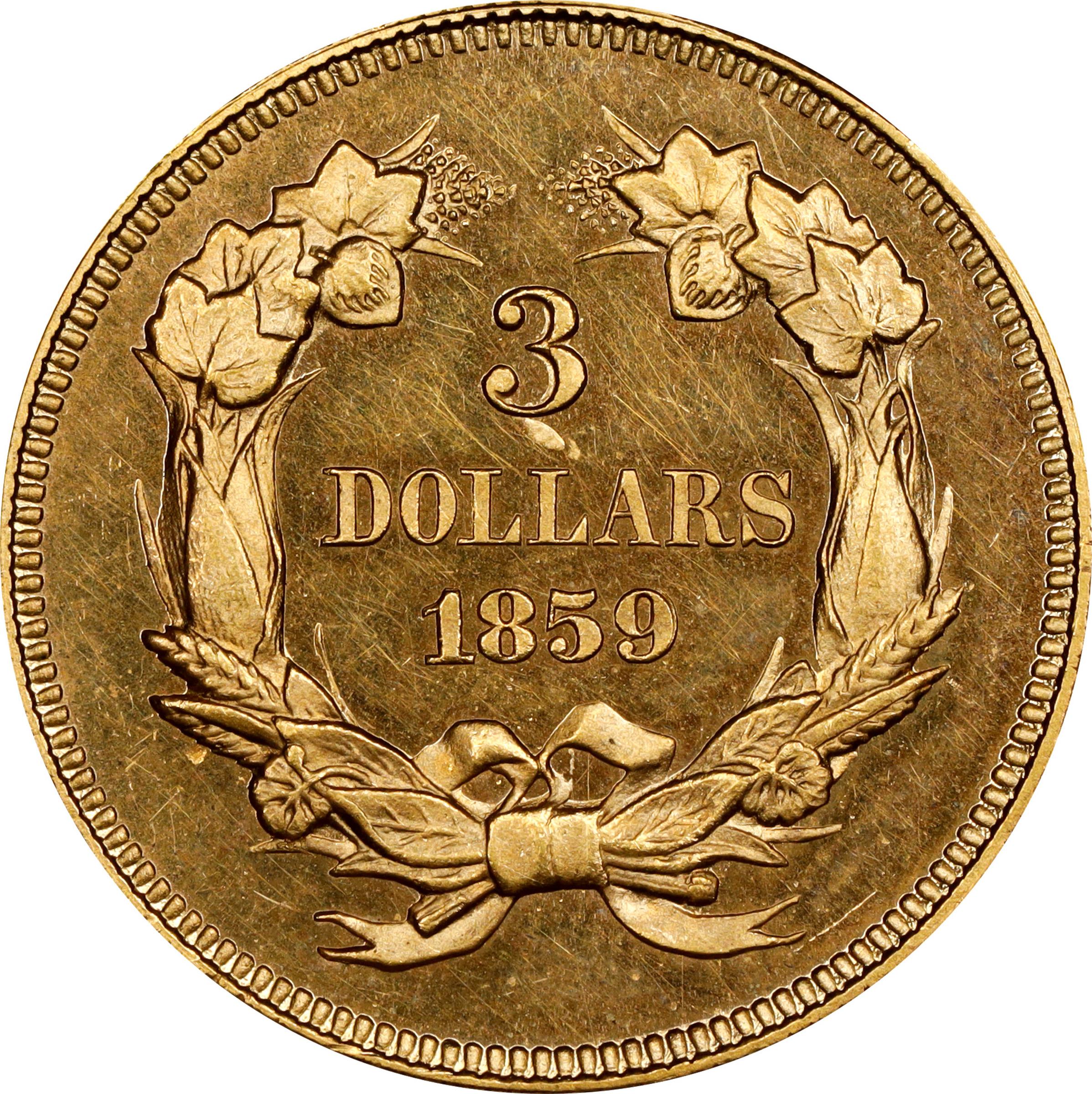 image for: 1859 Three-Dollar Gold Piece. JD-2. Rarity-7. Proof-63 Cameo (PCGS).