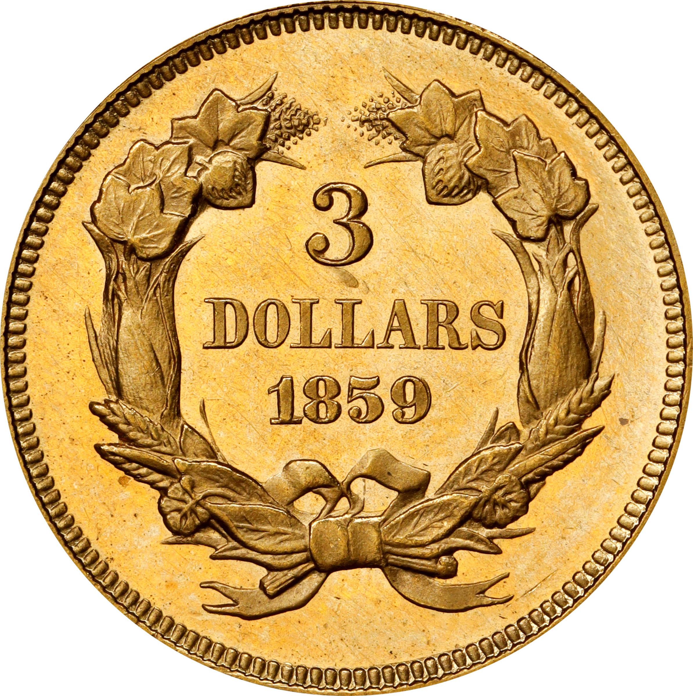 image for: 1859 Three-Dollar Gold Piece. JD-2. Rarity-7. Proof-63 Cameo (PCGS).