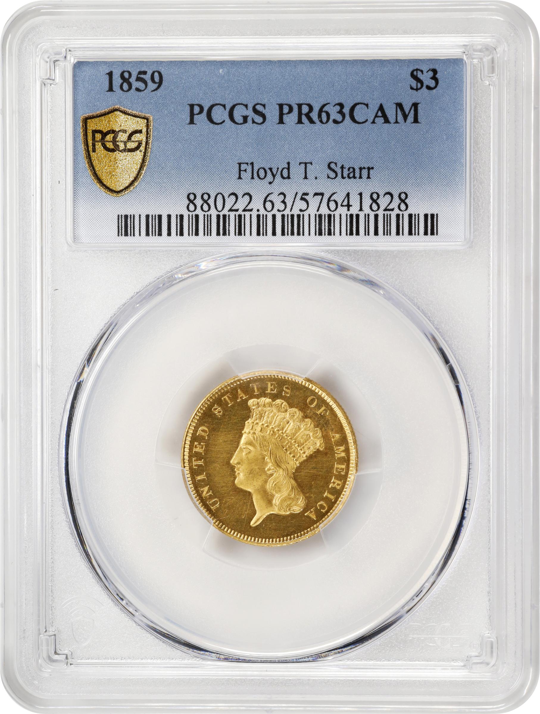 image for: 1859 Three-Dollar Gold Piece. JD-2. Rarity-7. Proof-63 Cameo (PCGS).
