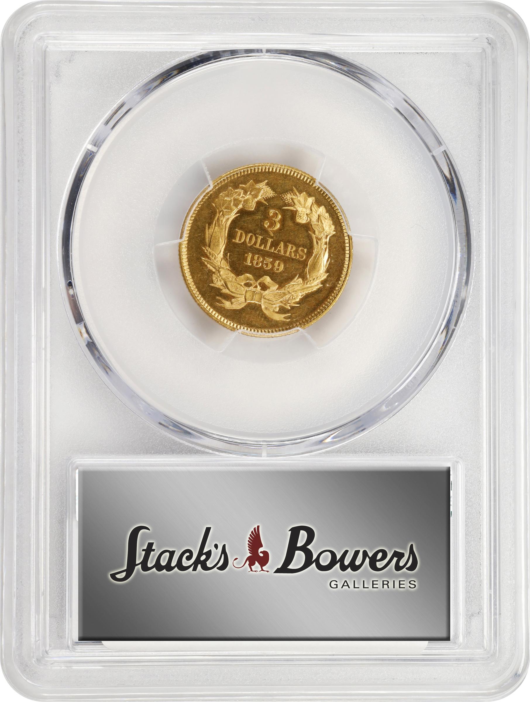 image for: 1859 Three-Dollar Gold Piece. JD-2. Rarity-7. Proof-63 Cameo (PCGS).