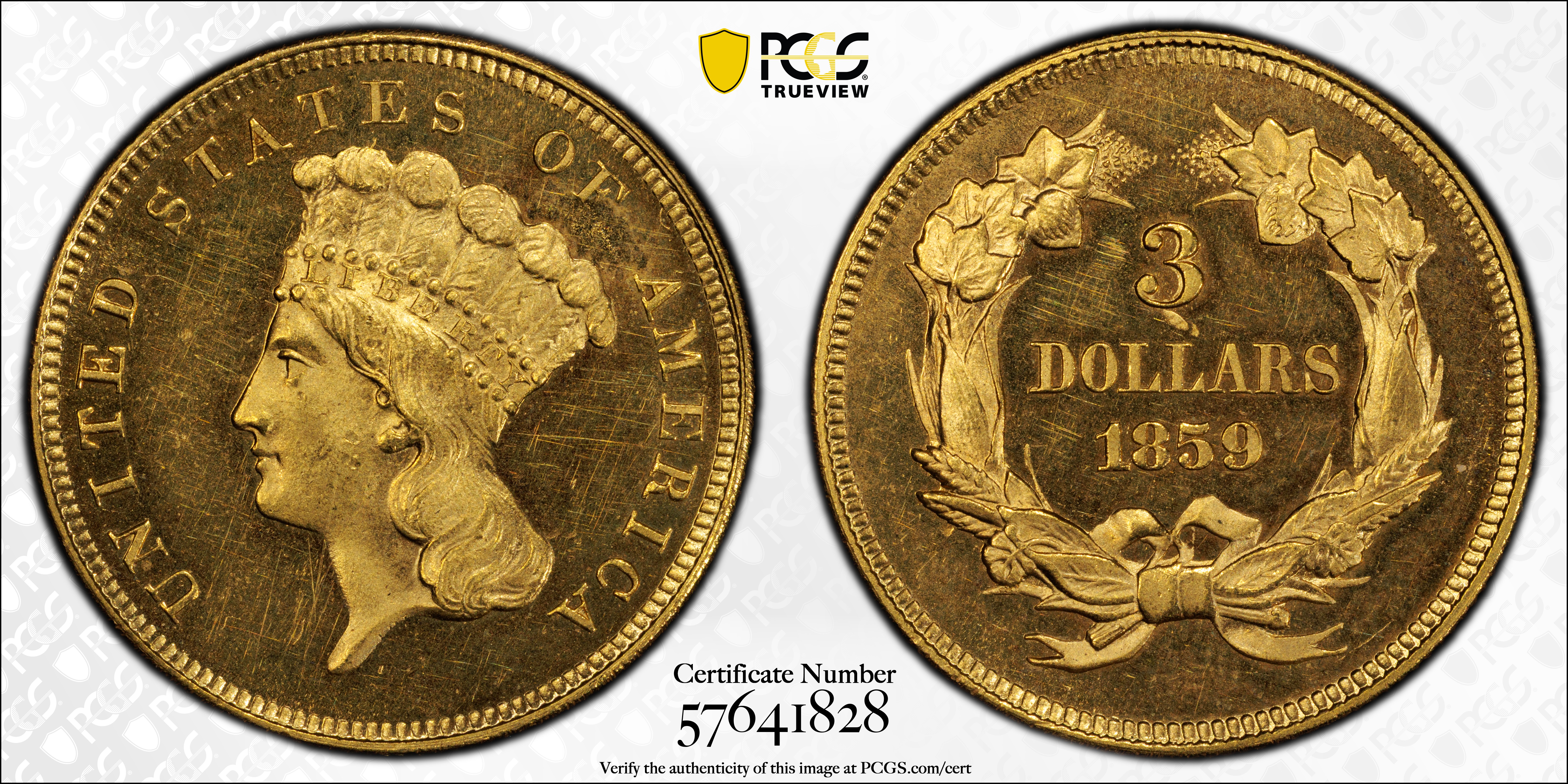 image for: 1859 Three-Dollar Gold Piece. JD-2. Rarity-7. Proof-63 Cameo (PCGS).