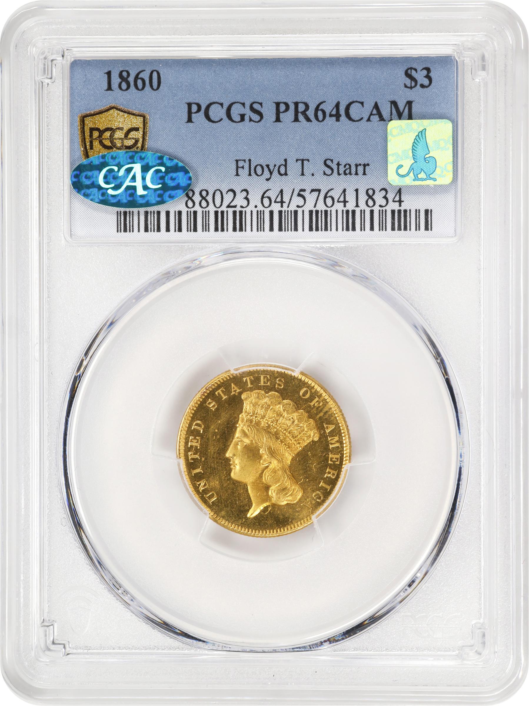 image for: 1860 Three-Dollar Gold Piece. JD-1. Rarity-7-. Proof-64 Cameo (PCGS). CAC. CMQ.