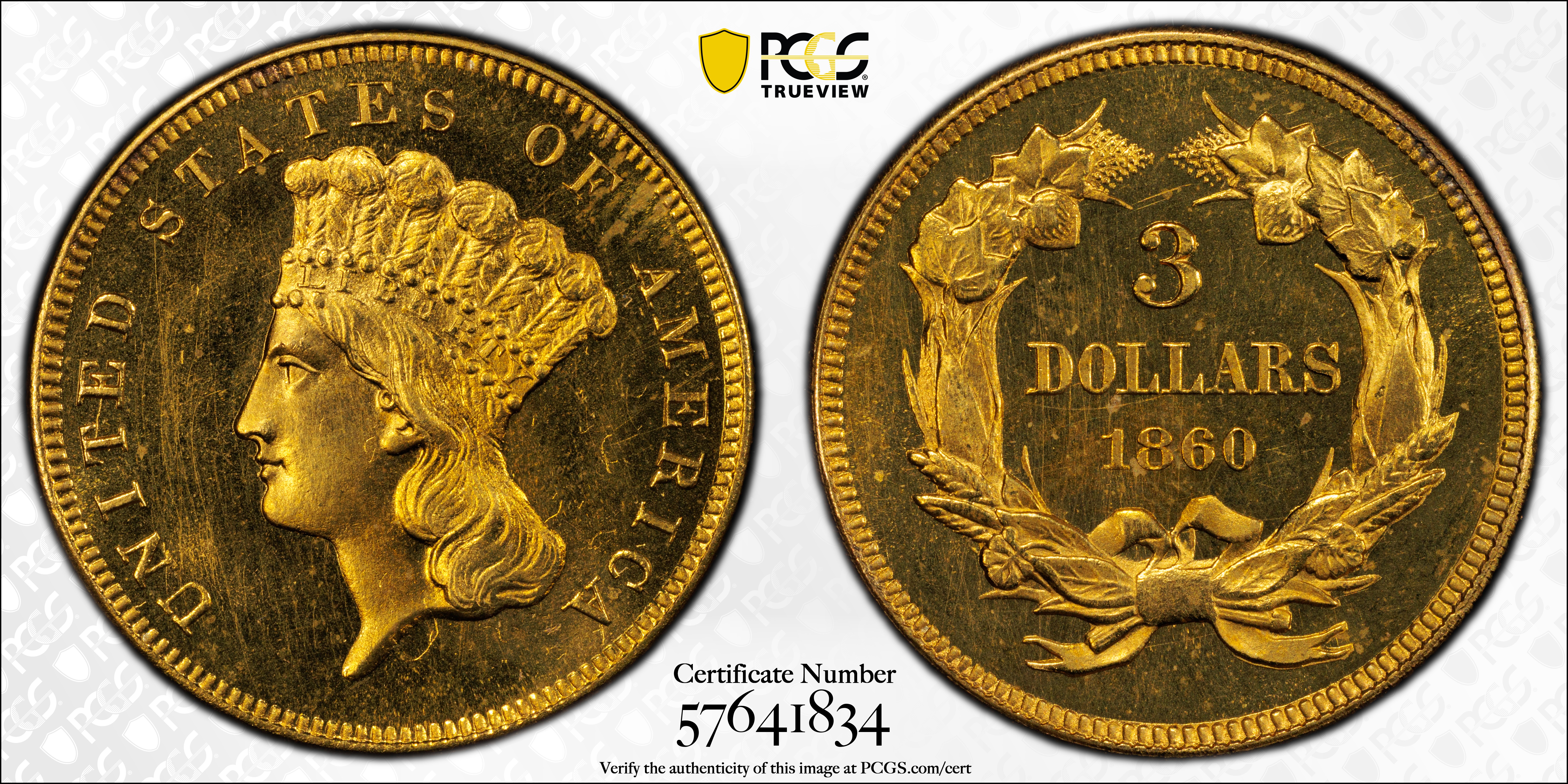 image for: 1860 Three-Dollar Gold Piece. JD-1. Rarity-7-. Proof-64 Cameo (PCGS). CAC. CMQ.