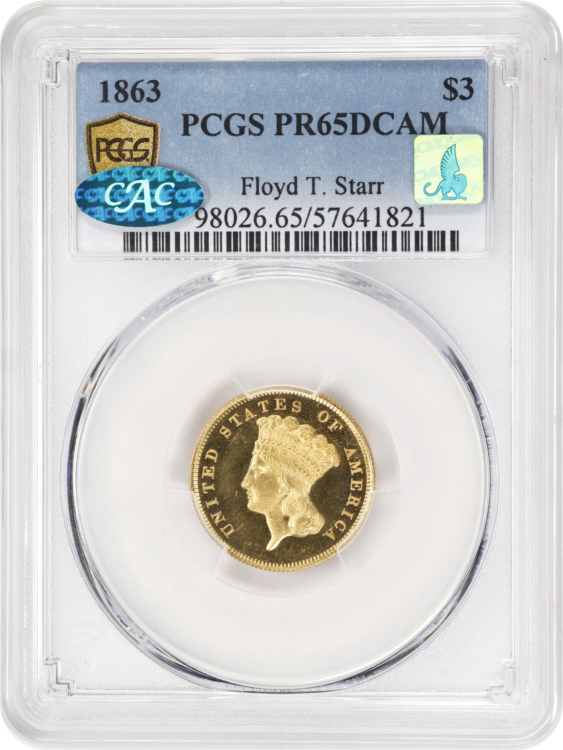 image for: 1863 Three-Dollar Gold Piece. JD-1. Rarity-6+. Proof-65 Deep Cameo (PCGS). CAC. CMQ.