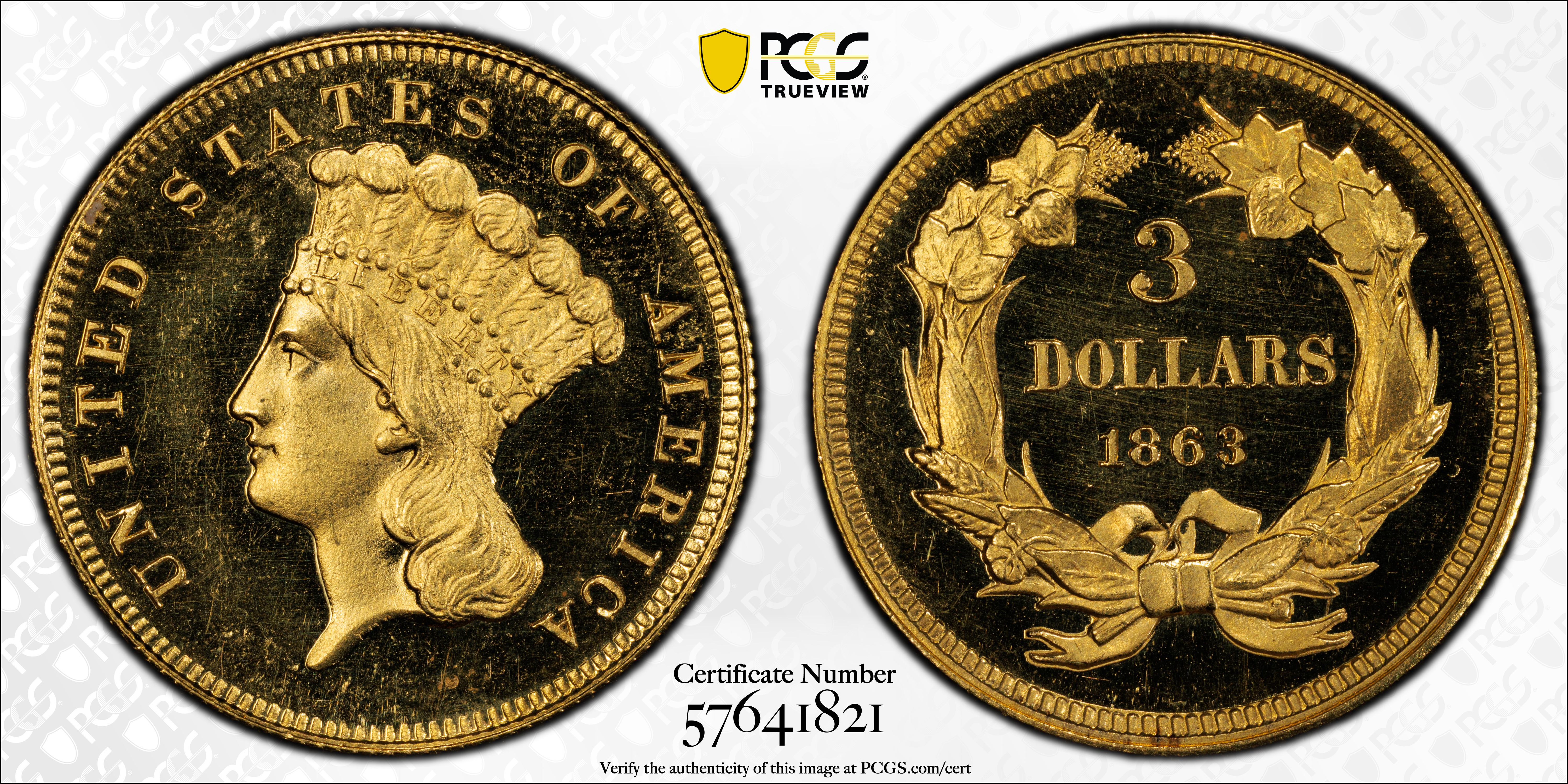 image for: 1863 Three-Dollar Gold Piece. JD-1. Rarity-6+. Proof-65 Deep Cameo (PCGS). CAC. CMQ.