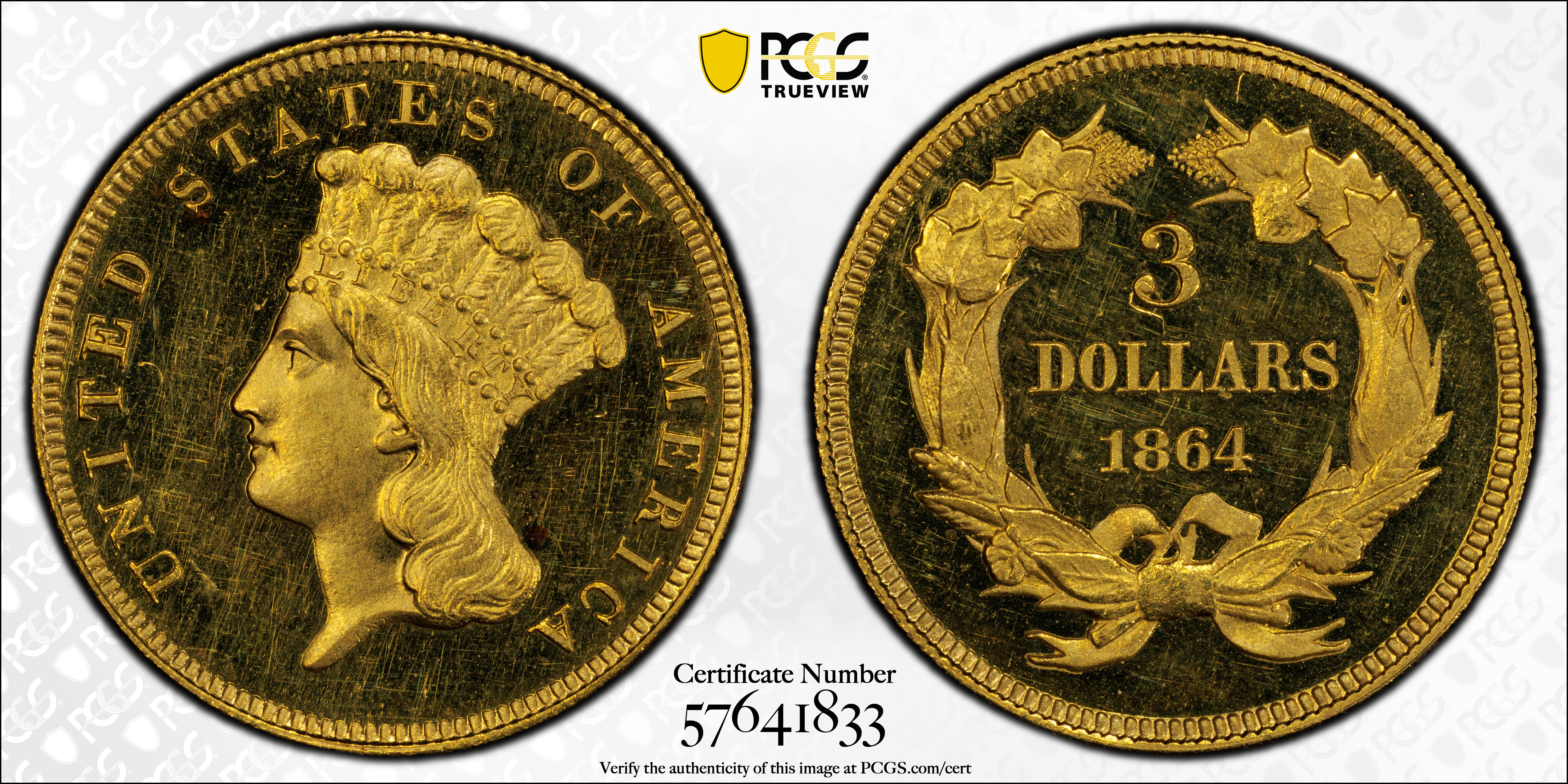 image for: 1864 Three-Dollar Gold Piece. JD-1. Rarity-6+. Proof-63 Deep Cameo (PCGS). CMQ.