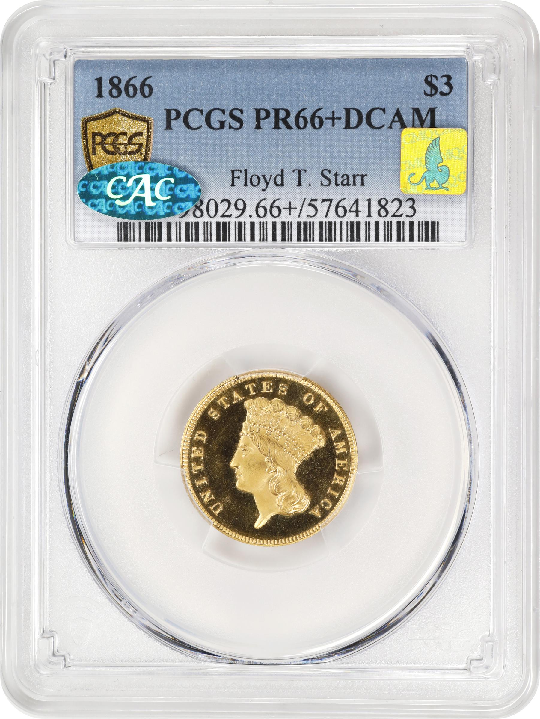 image for: 1866 Three-Dollar Gold Piece. JD-1. Rarity-7-. Proof-66+ Deep Cameo (PCGS). CAC. CMQ-X.
