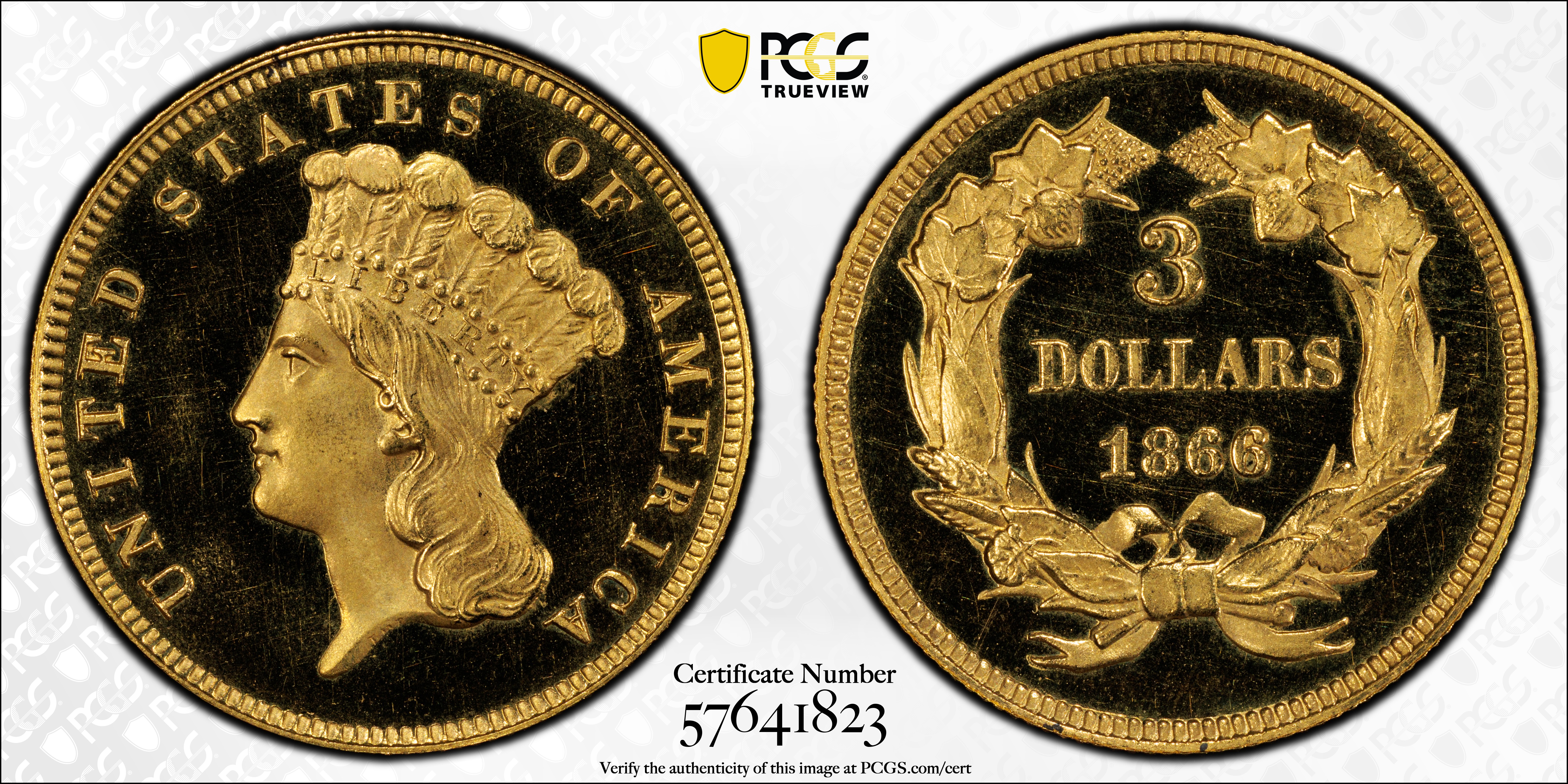 image for: 1866 Three-Dollar Gold Piece. JD-1. Rarity-7-. Proof-66+ Deep Cameo (PCGS). CAC. CMQ-X.