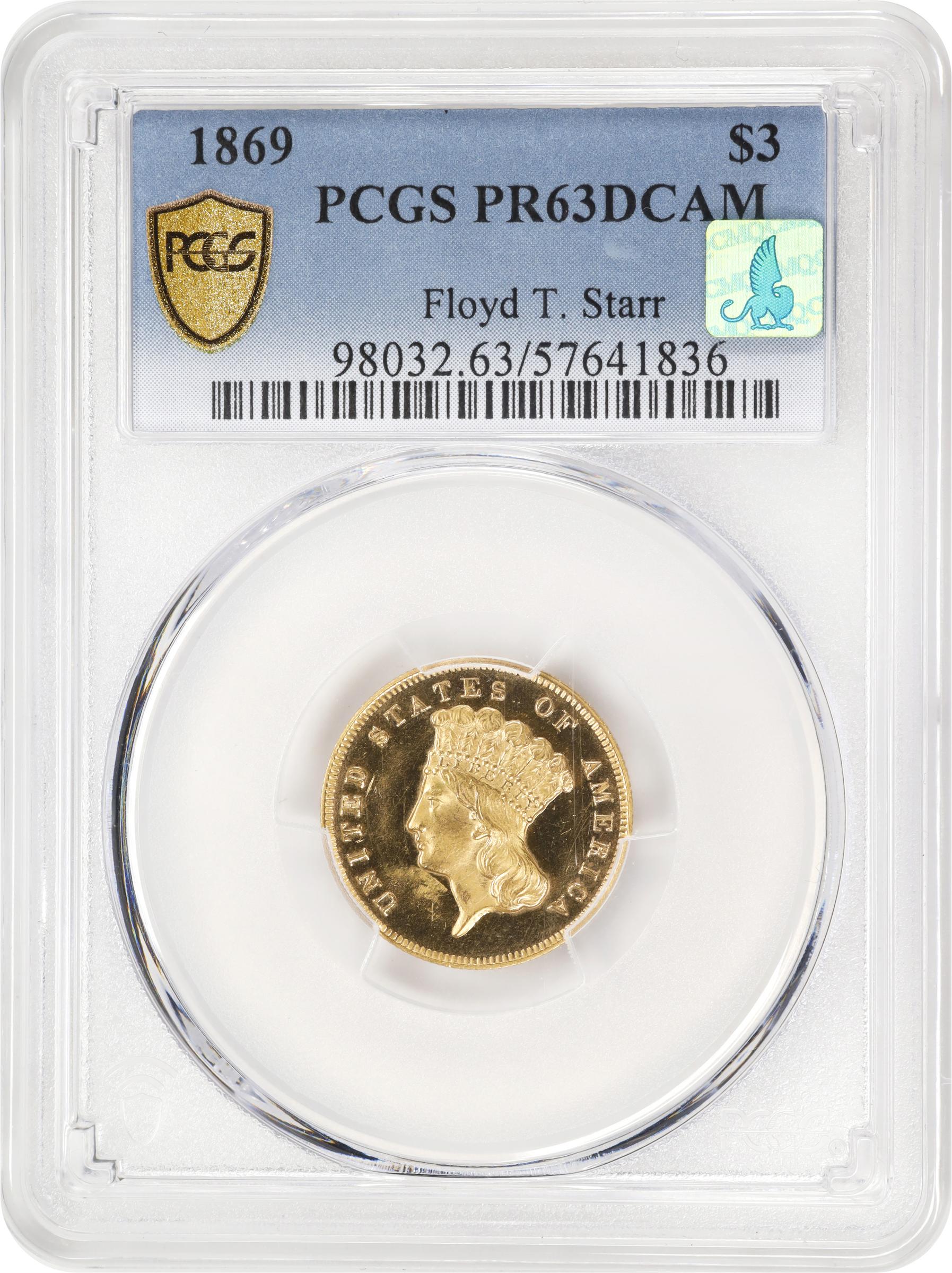 image for: 1869 Three-Dollar Gold Piece. JD-1. Rarity-6+. Proof-63 Deep Cameo (PCGS). CMQ.