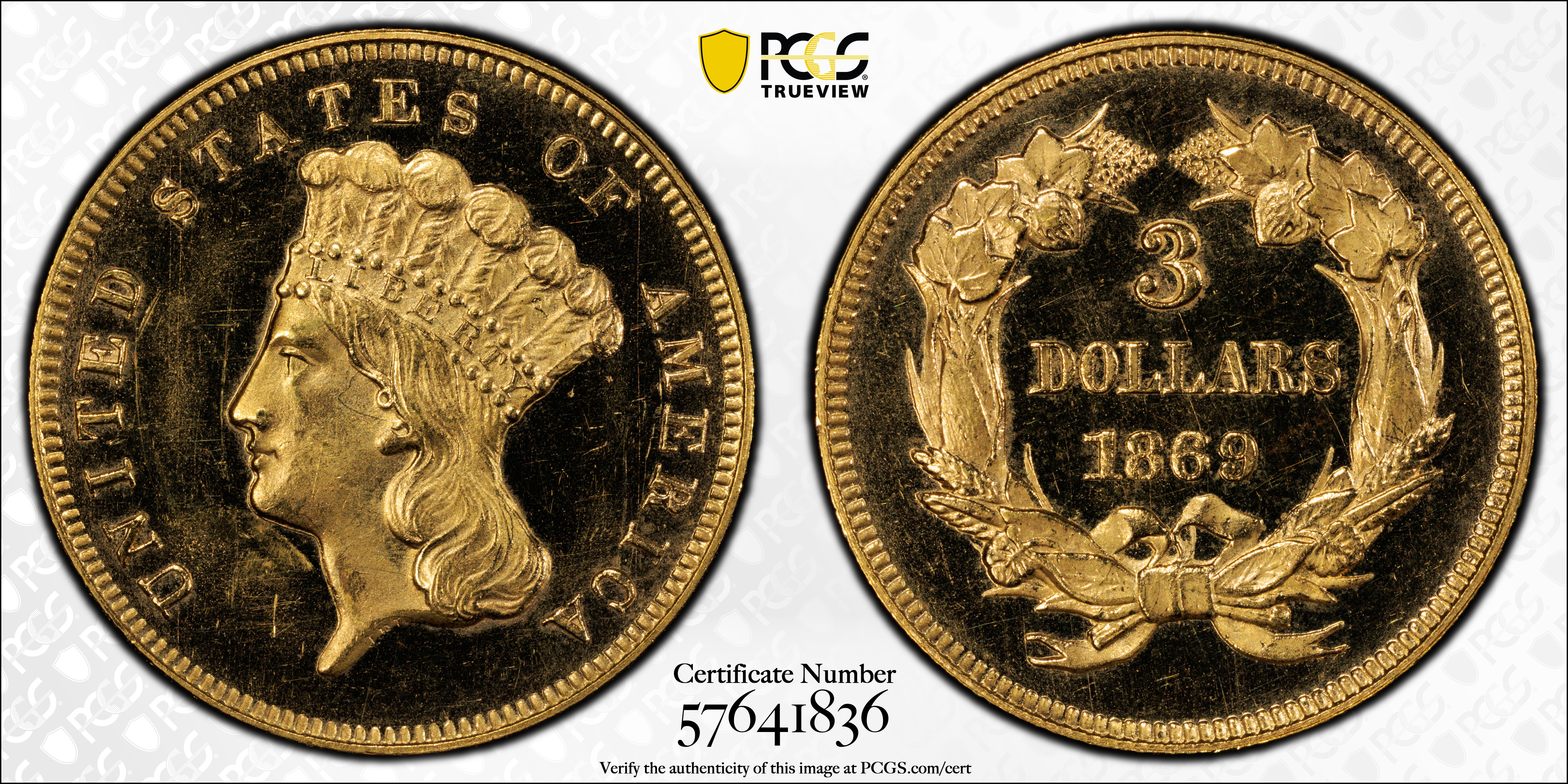image for: 1869 Three-Dollar Gold Piece. JD-1. Rarity-6+. Proof-63 Deep Cameo (PCGS). CMQ.