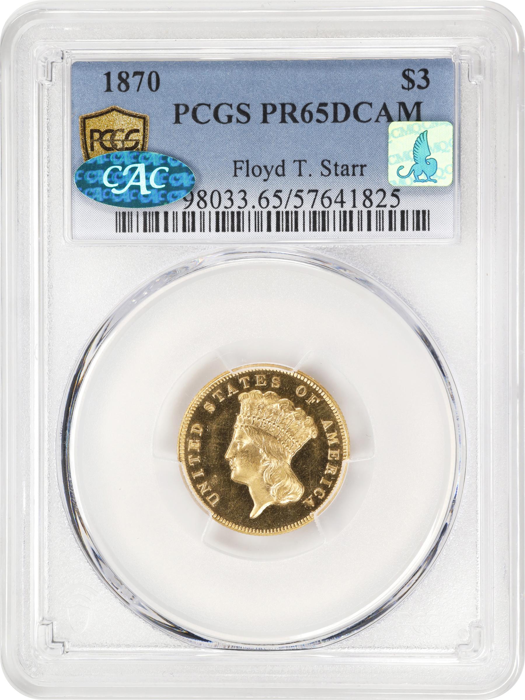 image for: 1870 Three-Dollar Gold Piece. JD-1. Rarity-6+. Proof-65 Deep Cameo (PCGS). CAC. CMQ.