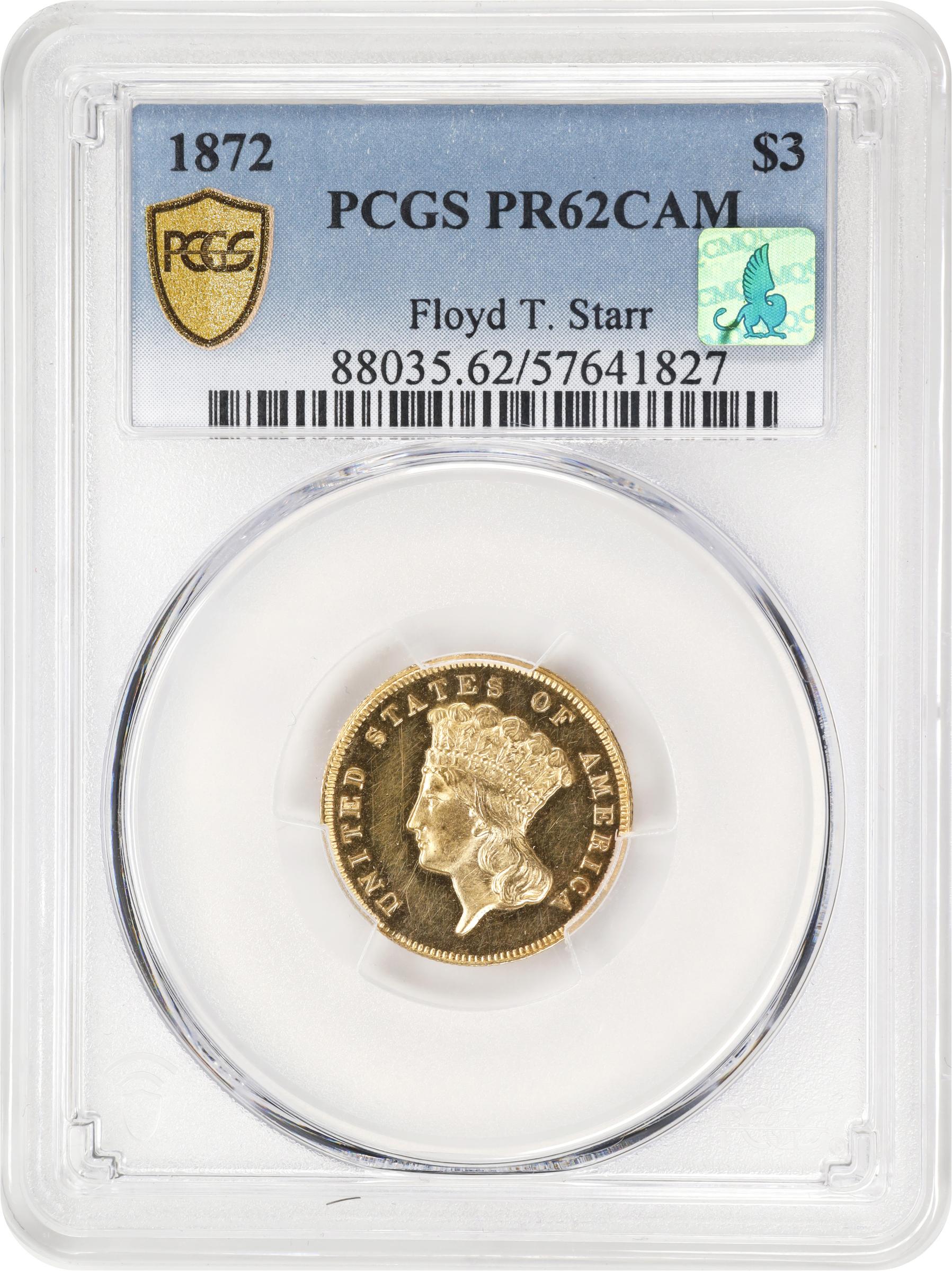 image for: 1872 Three-Dollar Gold Piece. JD-1. Rarity-6+. Proof-62 Cameo (PCGS). CMQ.
