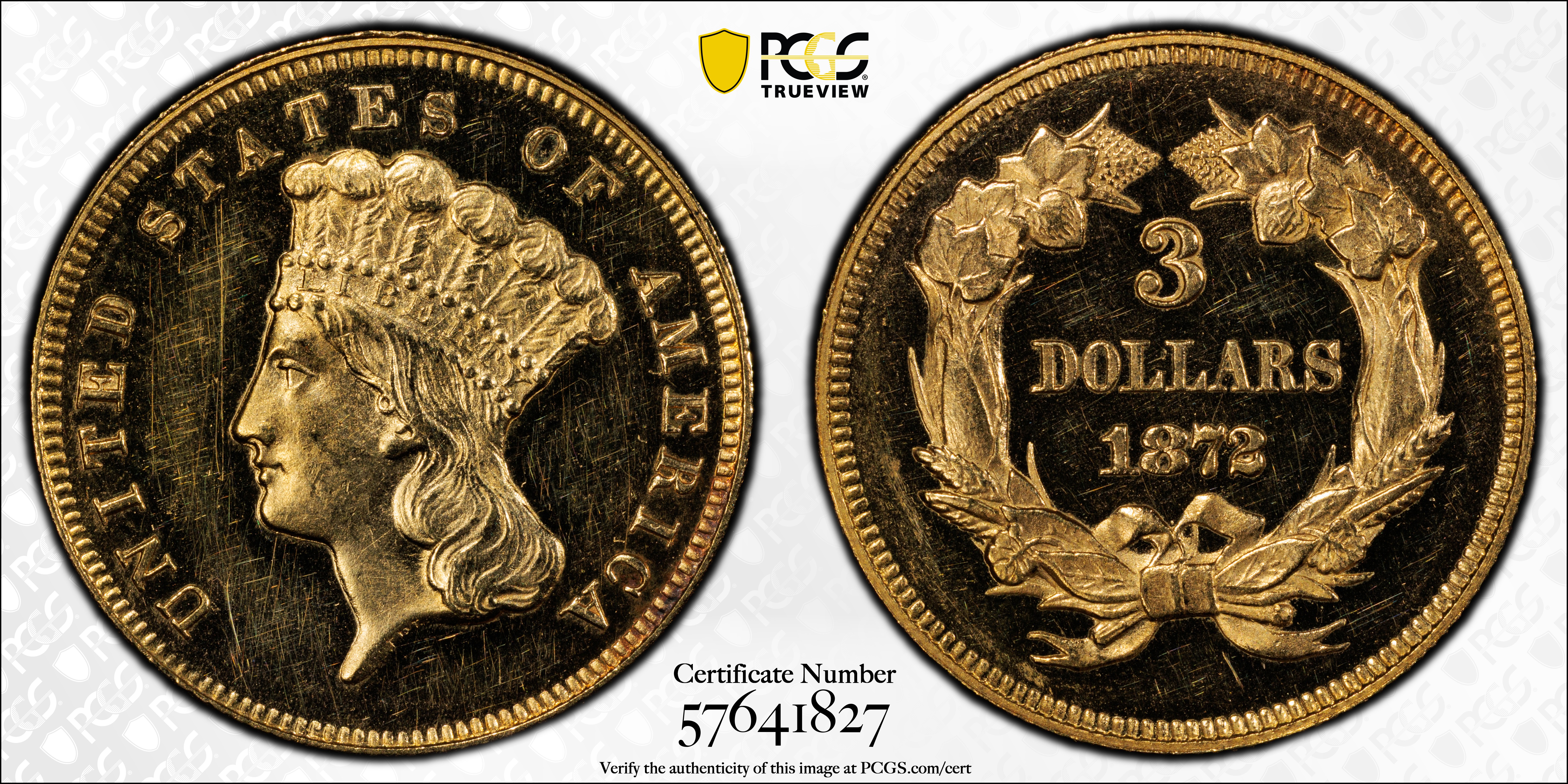 image for: 1872 Three-Dollar Gold Piece. JD-1. Rarity-6+. Proof-62 Cameo (PCGS). CMQ.