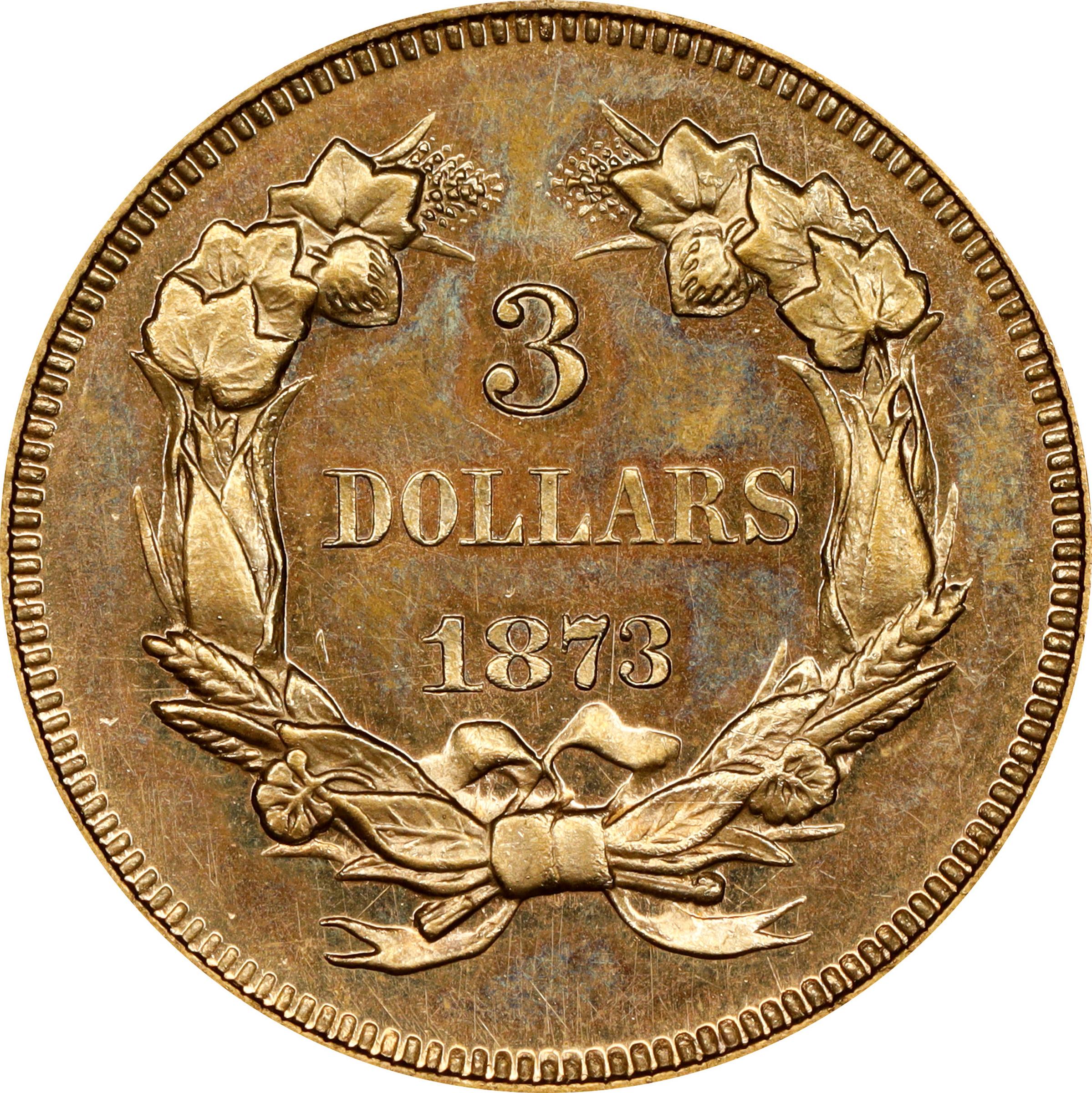image for: 1873 Three-Dollar Gold Piece. JD-1. Rarity-7-. Open 3. Original. Proof-64 Cameo (PCGS). CAC.