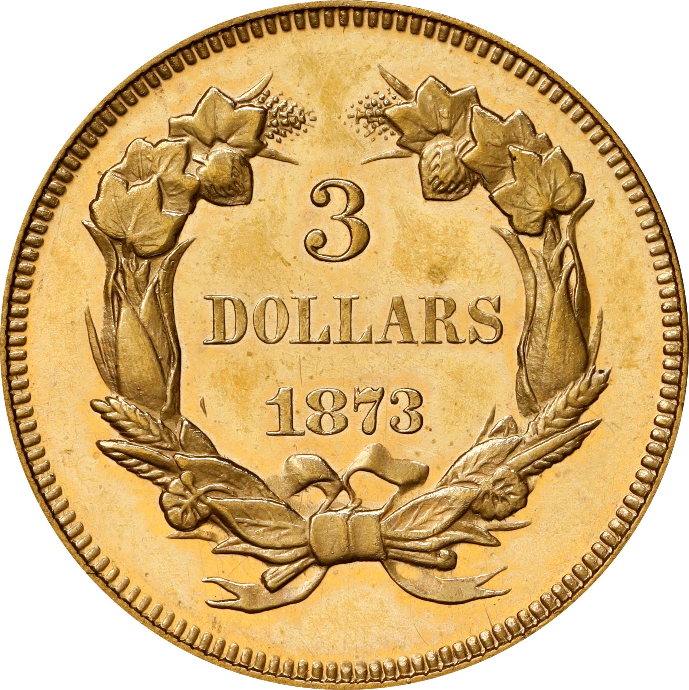 image for: 1873 Three-Dollar Gold Piece. JD-1. Rarity-7-. Open 3. Original. Proof-64 Cameo (PCGS). CAC.
