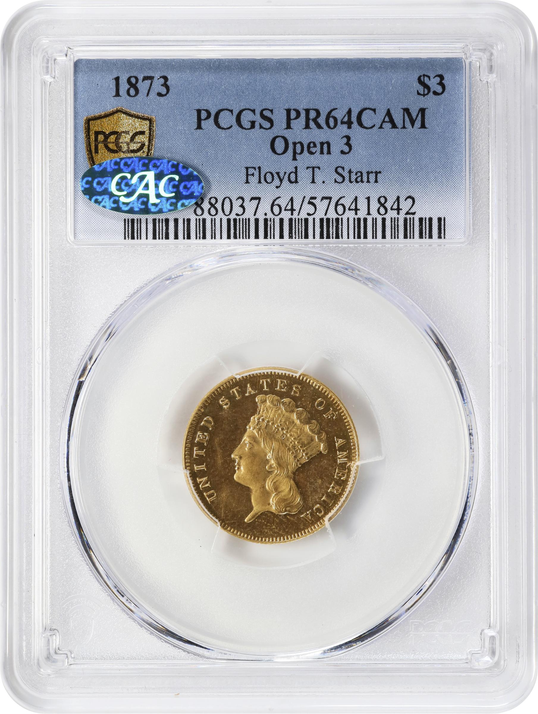 image for: 1873 Three-Dollar Gold Piece. JD-1. Rarity-7-. Open 3. Original. Proof-64 Cameo (PCGS). CAC.