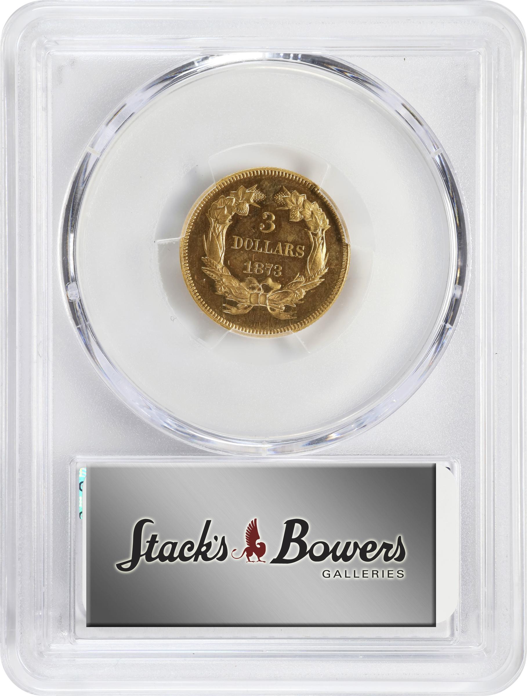 image for: 1873 Three-Dollar Gold Piece. JD-1. Rarity-7-. Open 3. Original. Proof-64 Cameo (PCGS). CAC.