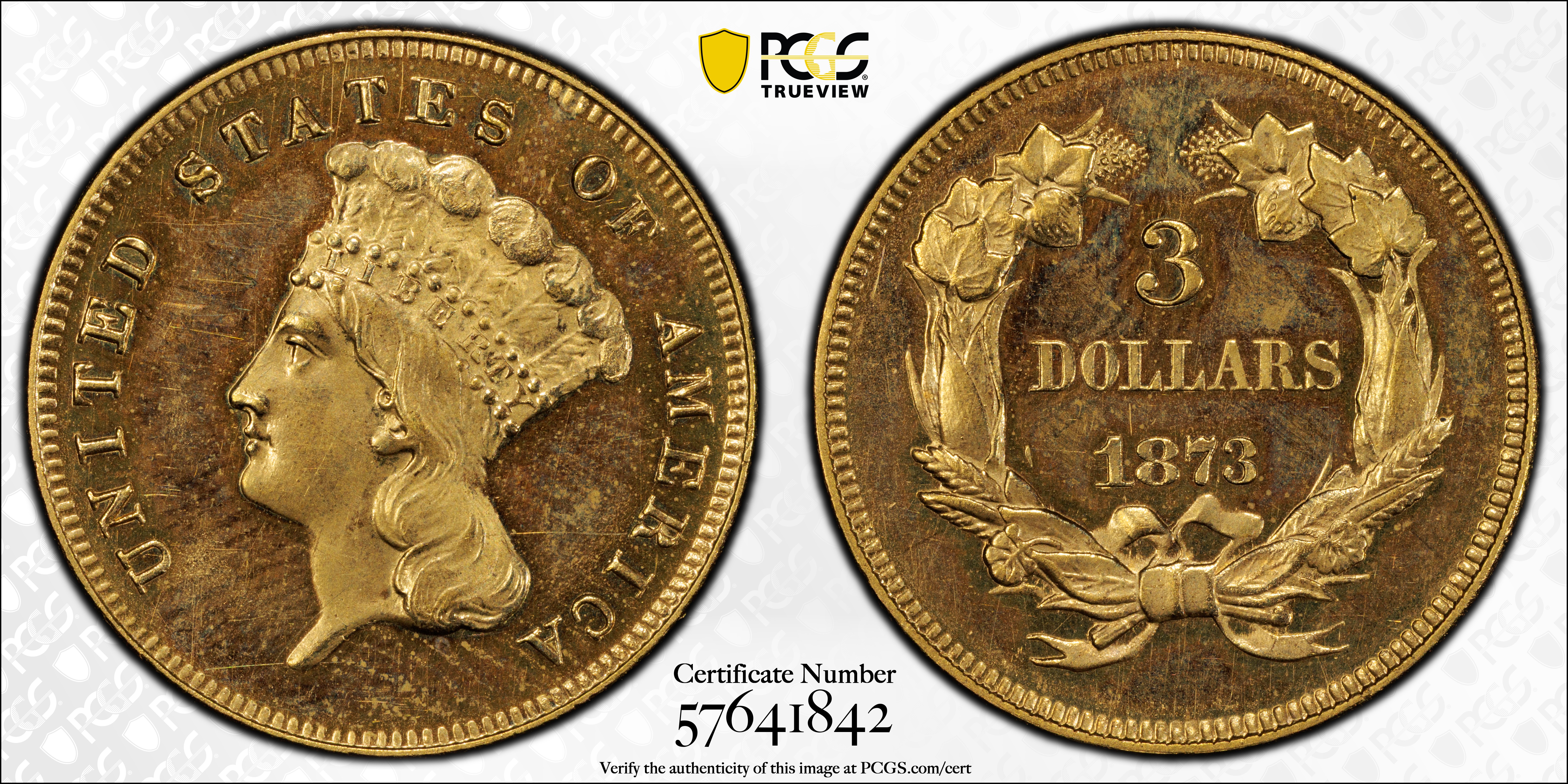image for: 1873 Three-Dollar Gold Piece. JD-1. Rarity-7-. Open 3. Original. Proof-64 Cameo (PCGS). CAC.