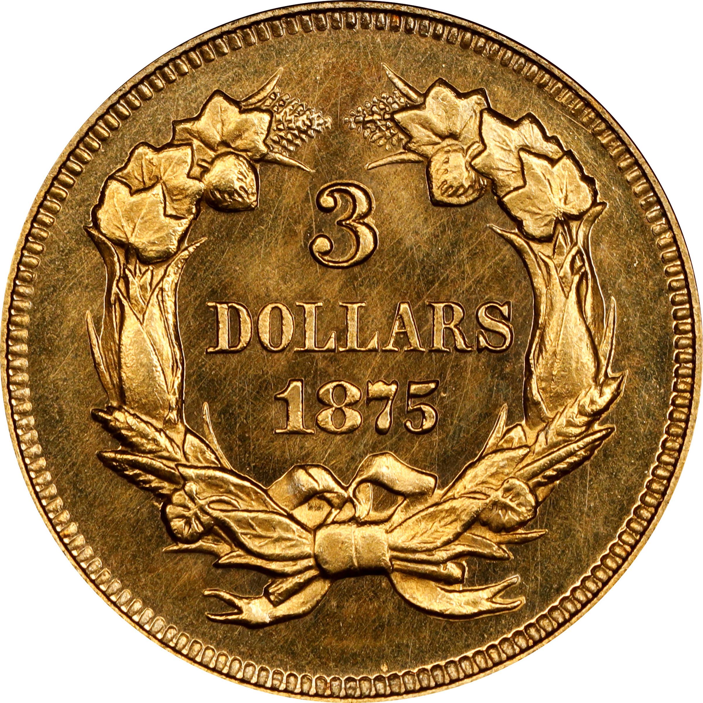 image for: 1875 Three-Dollar Gold Piece. JD-1. Rarity-6. Proof-64 Cameo (PCGS). CAC. CMQ.
