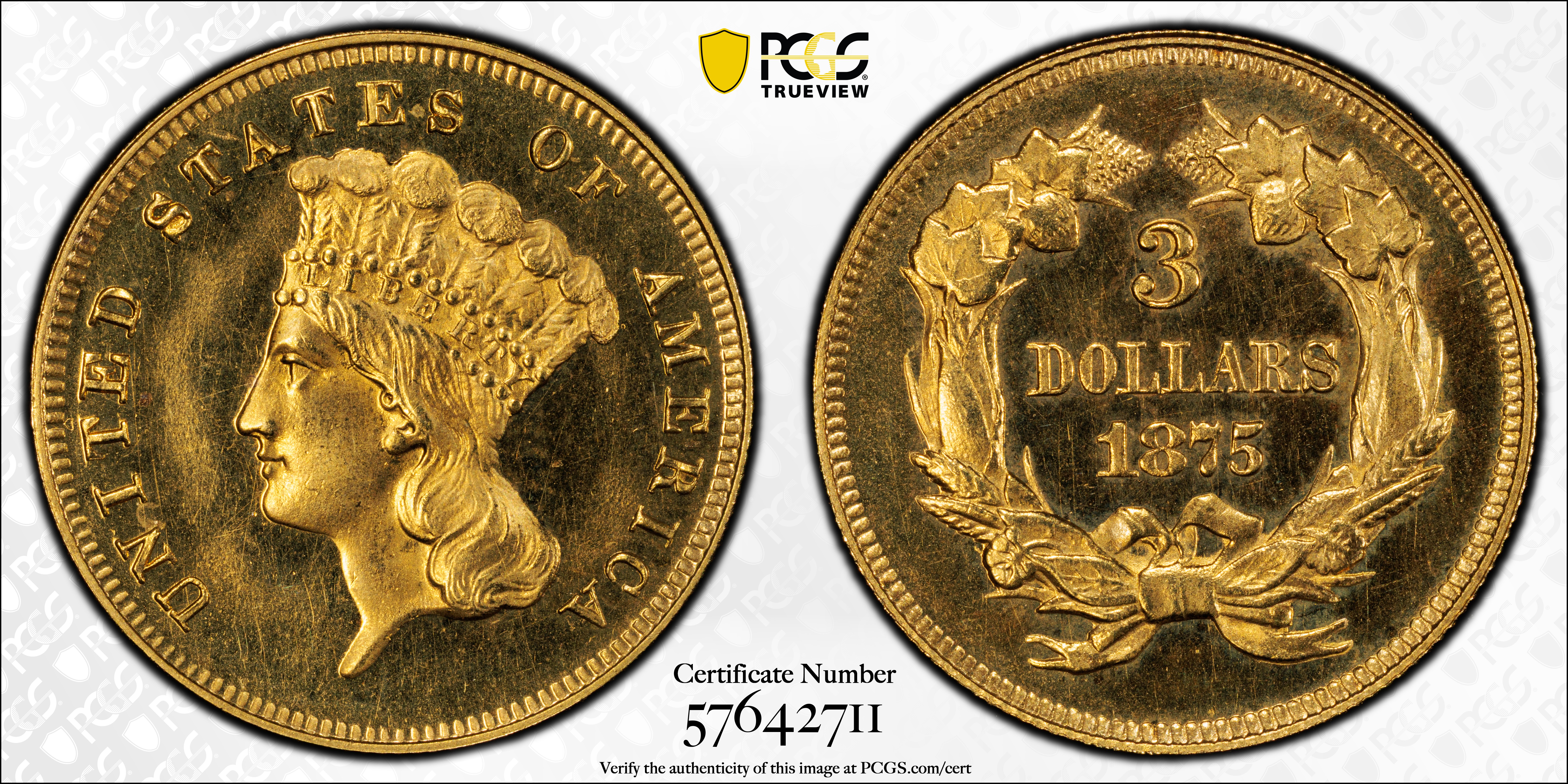 image for: 1875 Three-Dollar Gold Piece. JD-1. Rarity-6. Proof-64 Cameo (PCGS). CAC. CMQ.