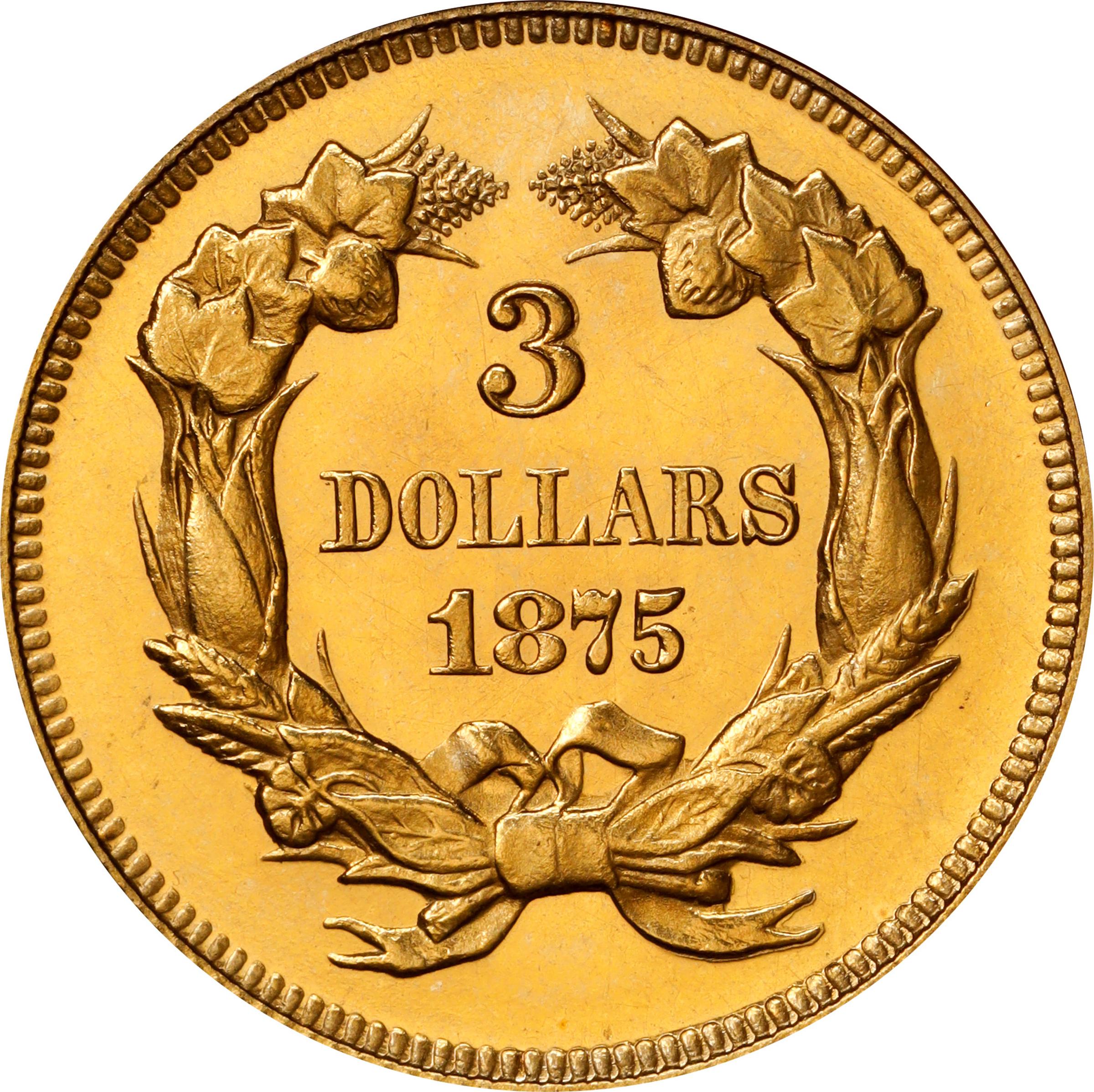 image for: 1875 Three-Dollar Gold Piece. JD-1. Rarity-6. Proof-64 Cameo (PCGS). CAC. CMQ.