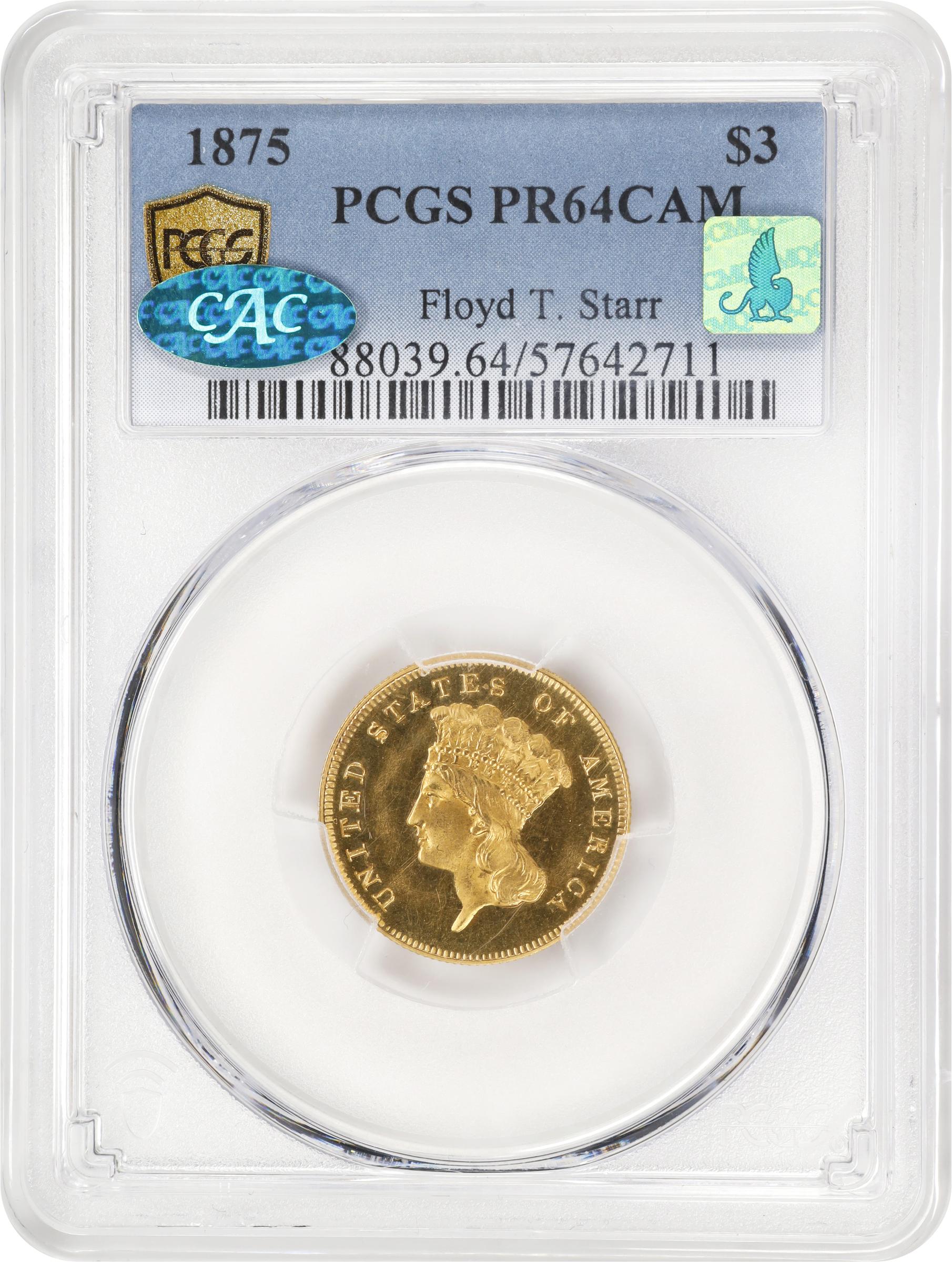 image for: 1875 Three-Dollar Gold Piece. JD-1. Rarity-6. Proof-64 Cameo (PCGS). CAC. CMQ.