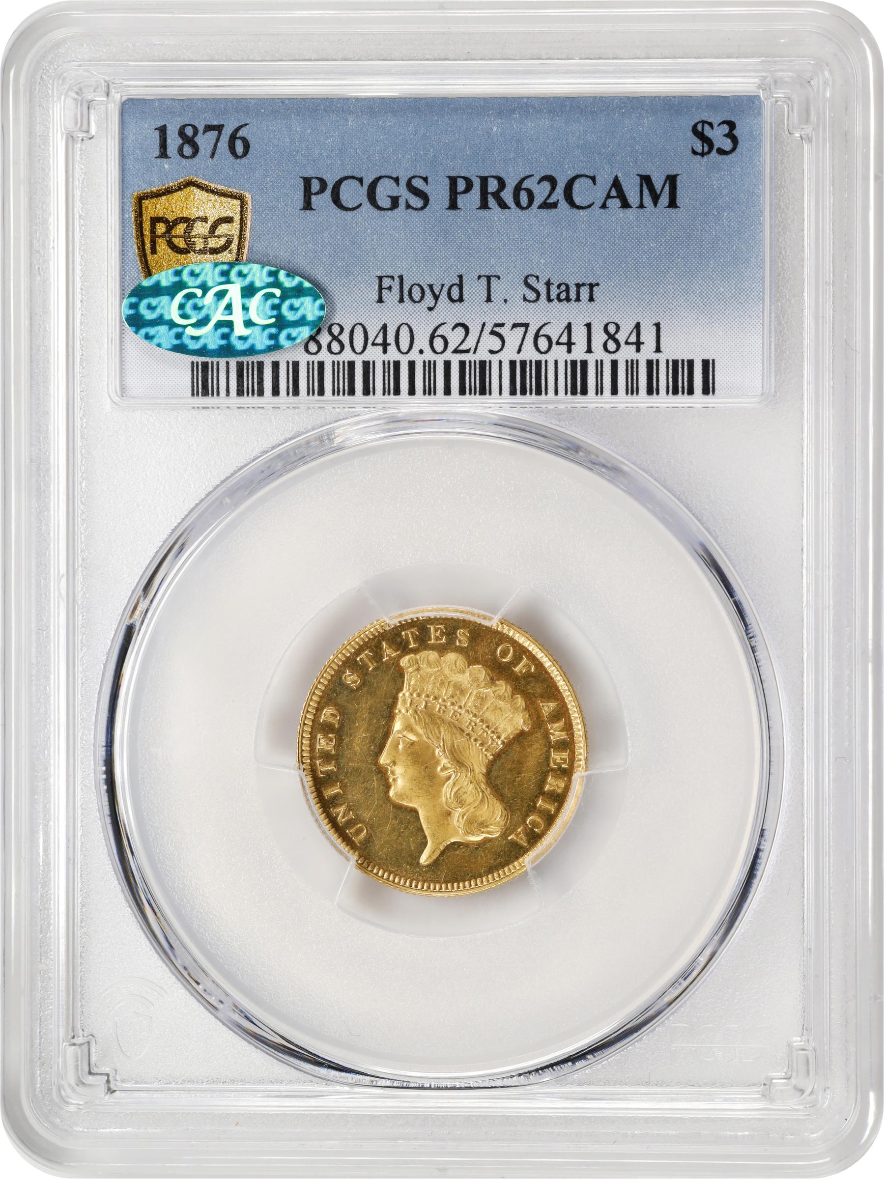 image for: 1876 Three-Dollar Gold Piece. JD-2. Rarity-6. Proof-62 Cameo (PCGS). CAC.