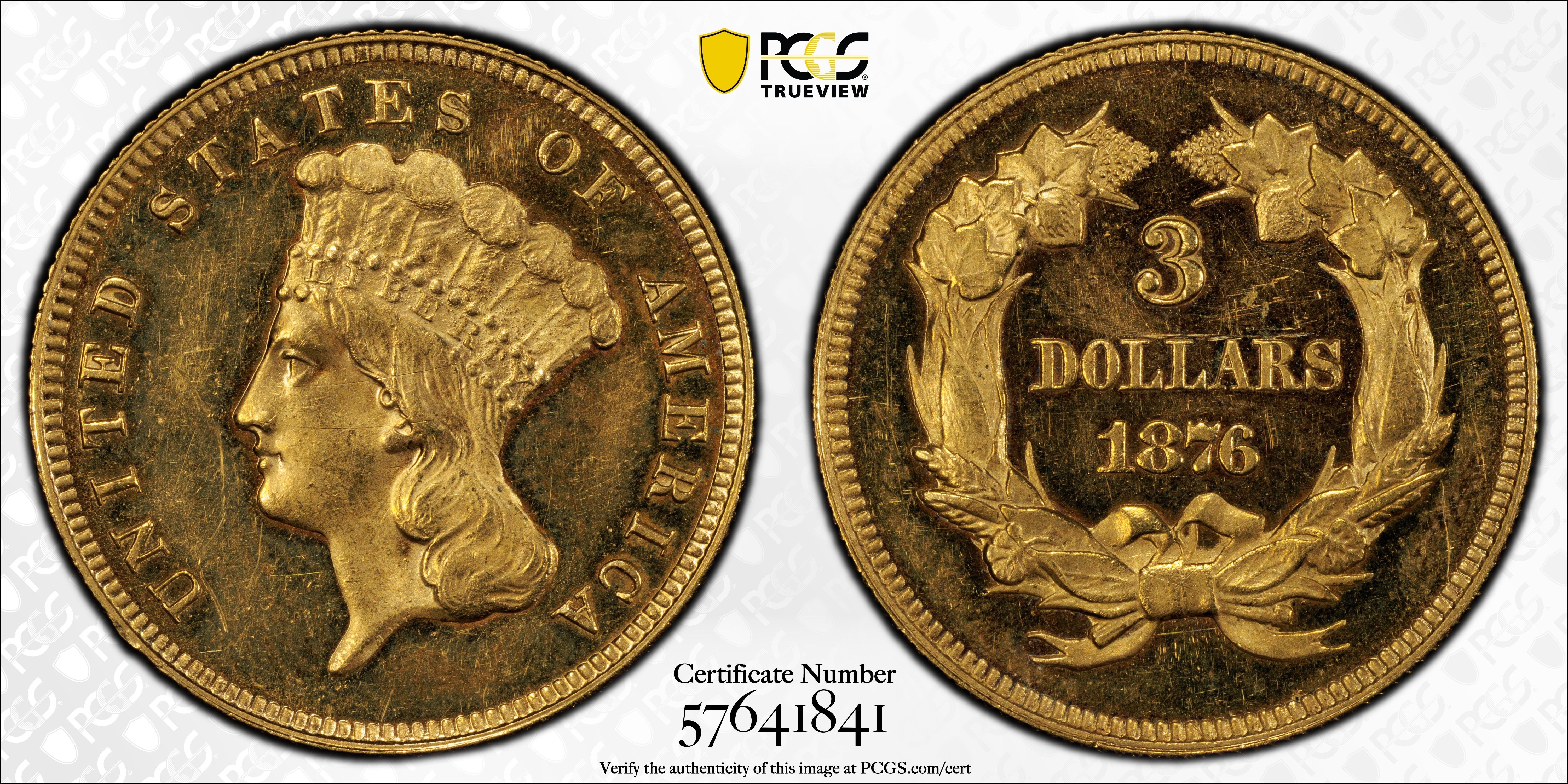 image for: 1876 Three-Dollar Gold Piece. JD-2. Rarity-6. Proof-62 Cameo (PCGS). CAC.