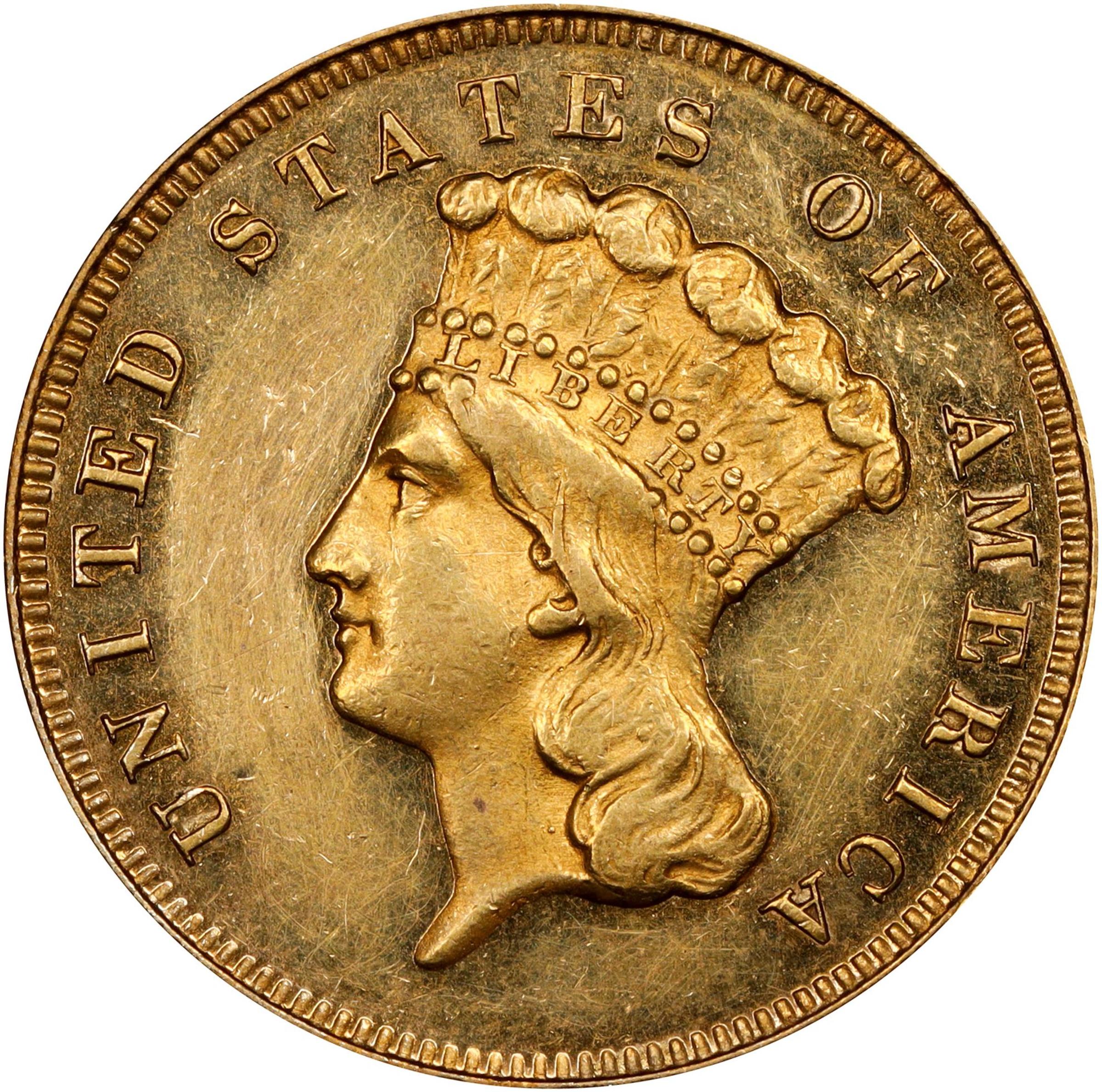image for: 1877 Three-Dollar Gold Piece. JD-1. Rarity-6+. Proof. Unc Details--Cleaned (PCGS).