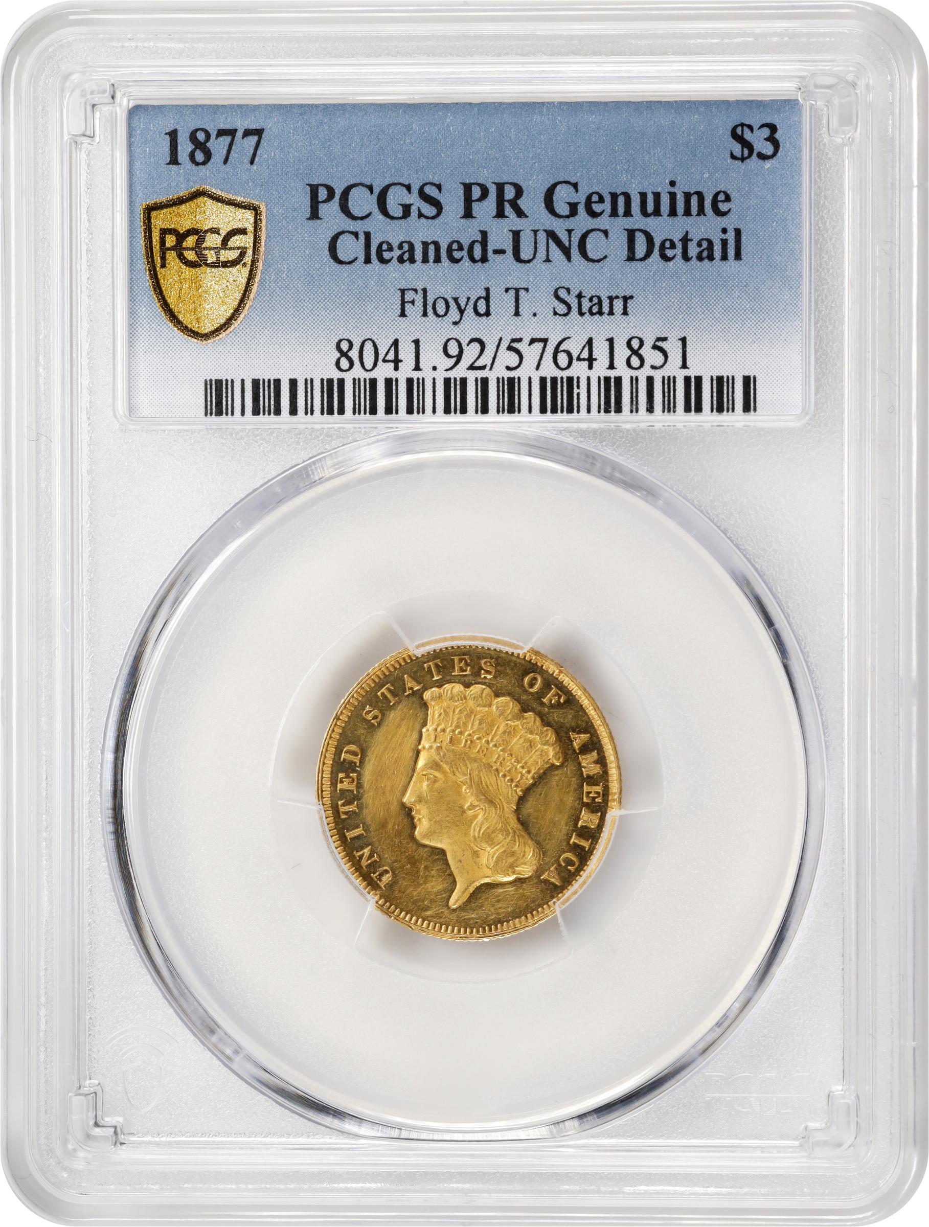 image for: 1877 Three-Dollar Gold Piece. JD-1. Rarity-6+. Proof. Unc Details--Cleaned (PCGS).