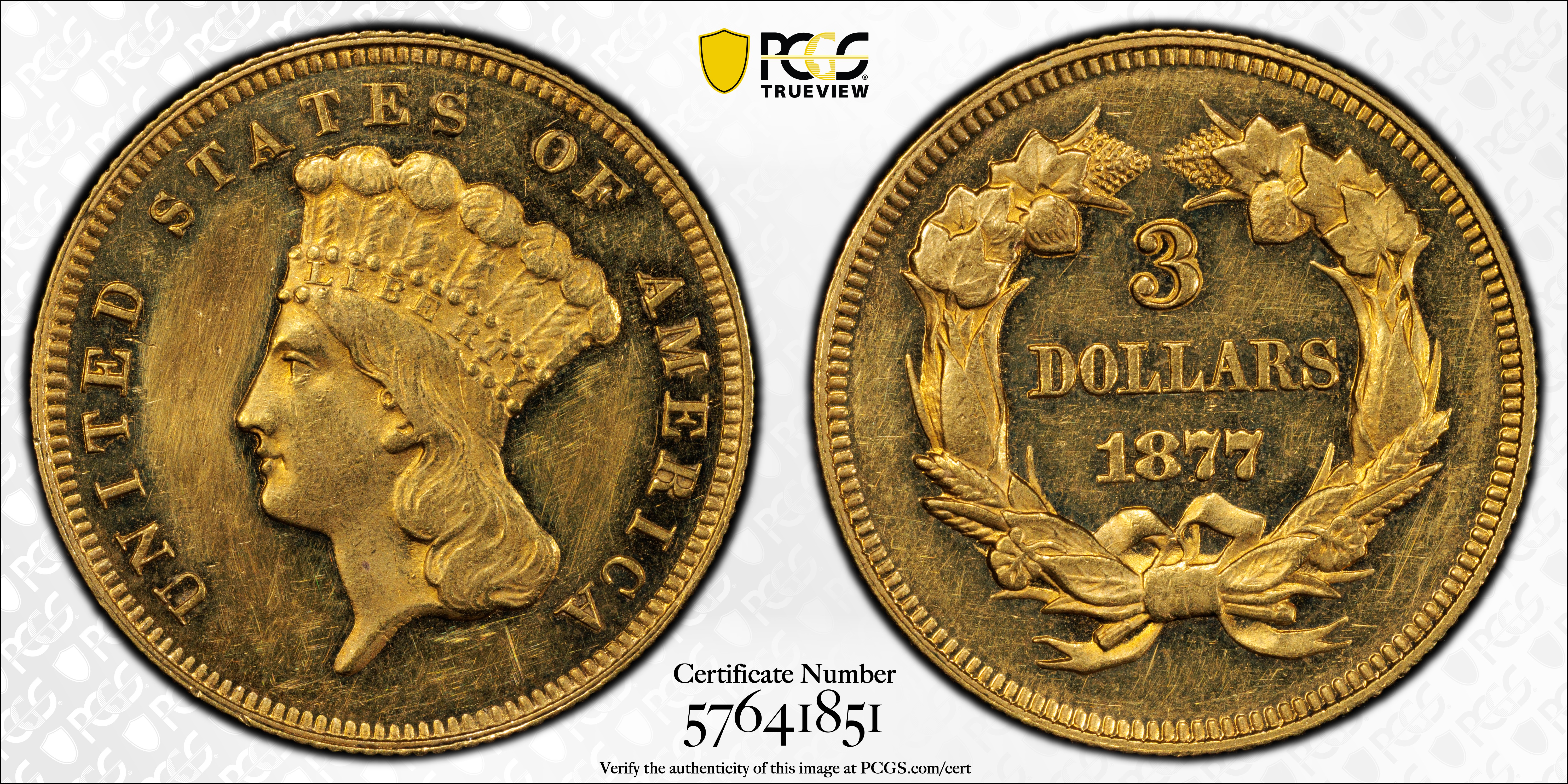 image for: 1877 Three-Dollar Gold Piece. JD-1. Rarity-6+. Proof. Unc Details--Cleaned (PCGS).
