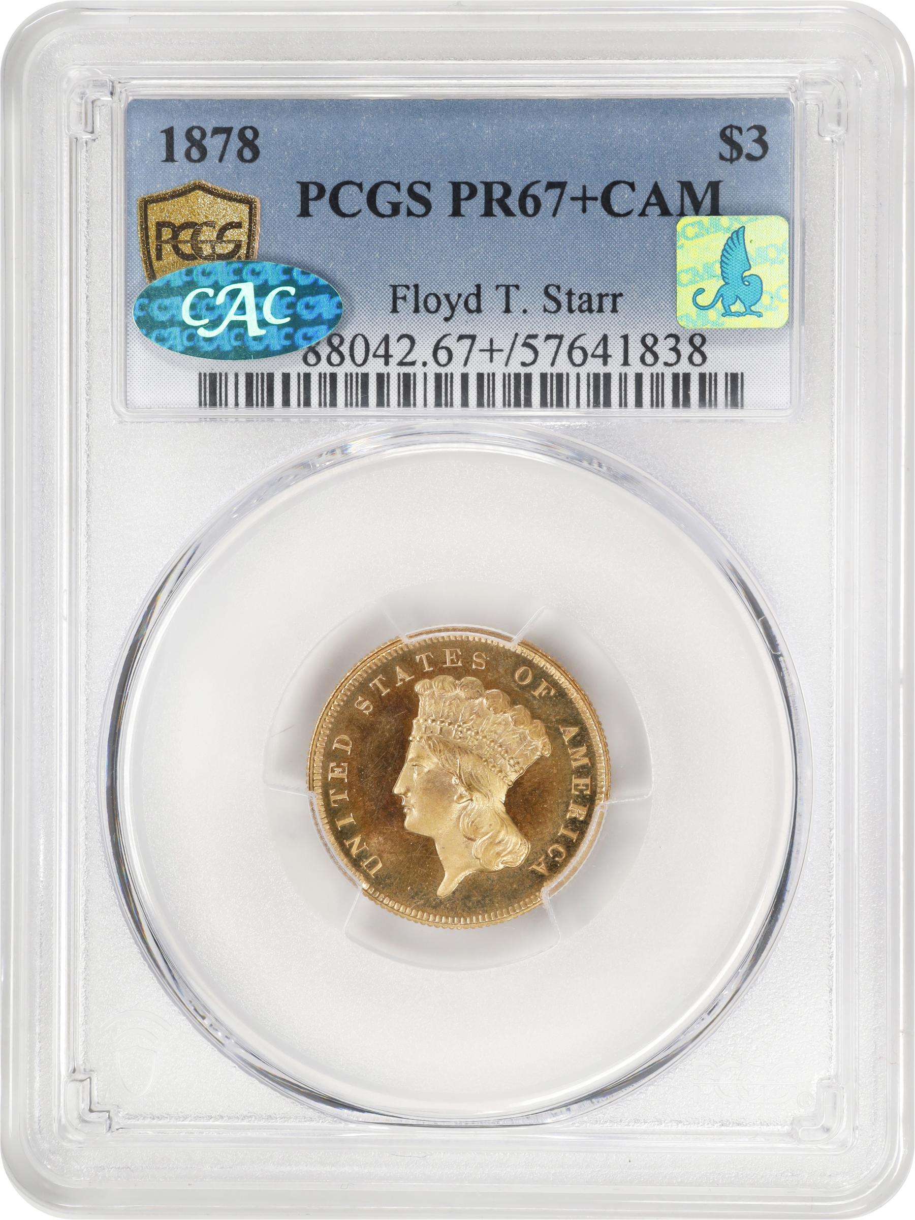 image for: 1878 Three-Dollar Gold Piece. JD-1. Rarity-6+. Proof-67+ Cameo (PCGS). CAC. CMQ.