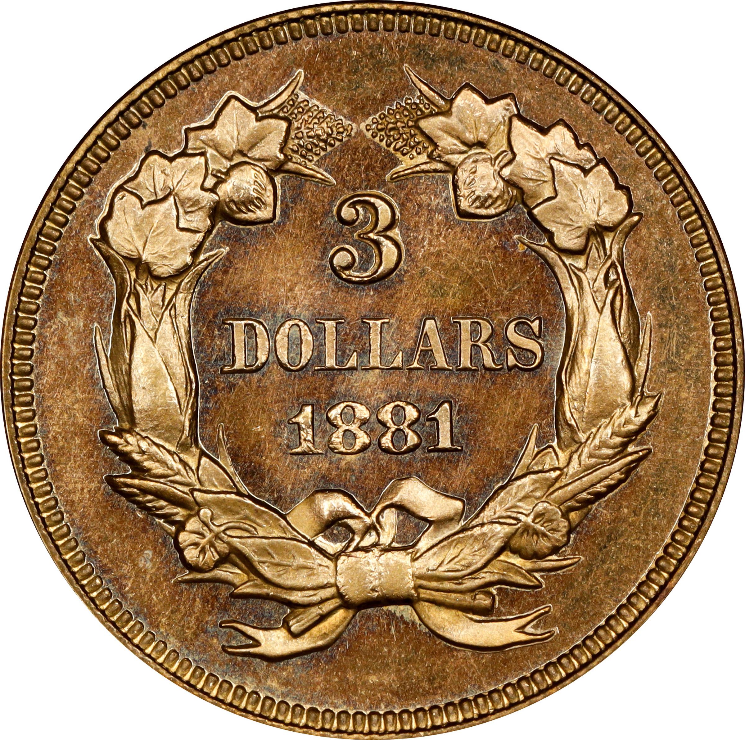 image for: 1881 Three-Dollar Gold Piece. JD-1. Rarity-6-. Centered Date. Proof-64 Cameo (PCGS). CMQ.