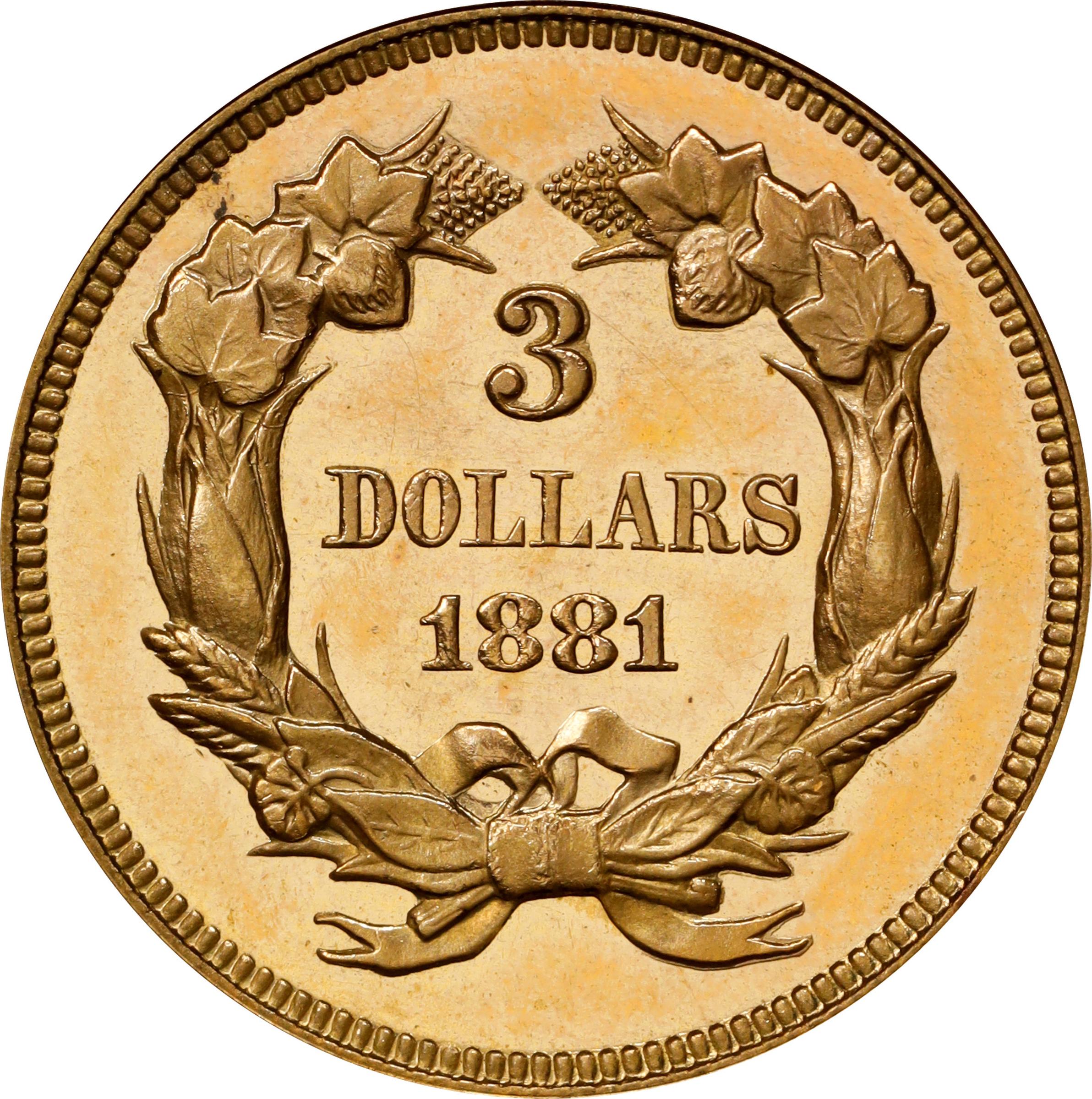 image for: 1881 Three-Dollar Gold Piece. JD-1. Rarity-6-. Centered Date. Proof-64 Cameo (PCGS). CMQ.