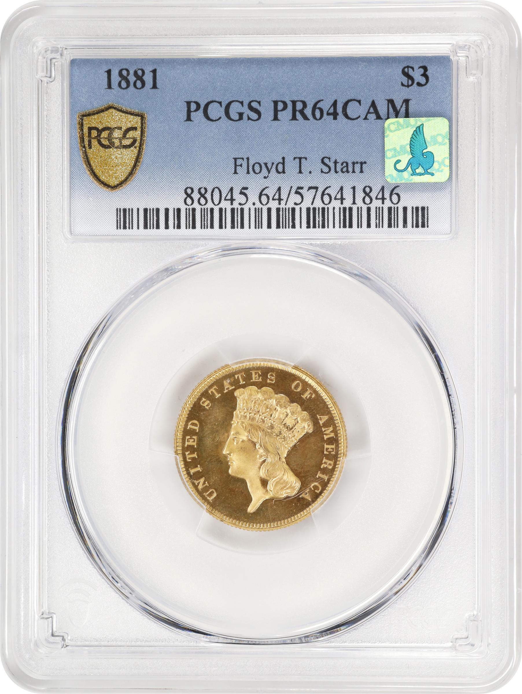 image for: 1881 Three-Dollar Gold Piece. JD-1. Rarity-6-. Centered Date. Proof-64 Cameo (PCGS). CMQ.