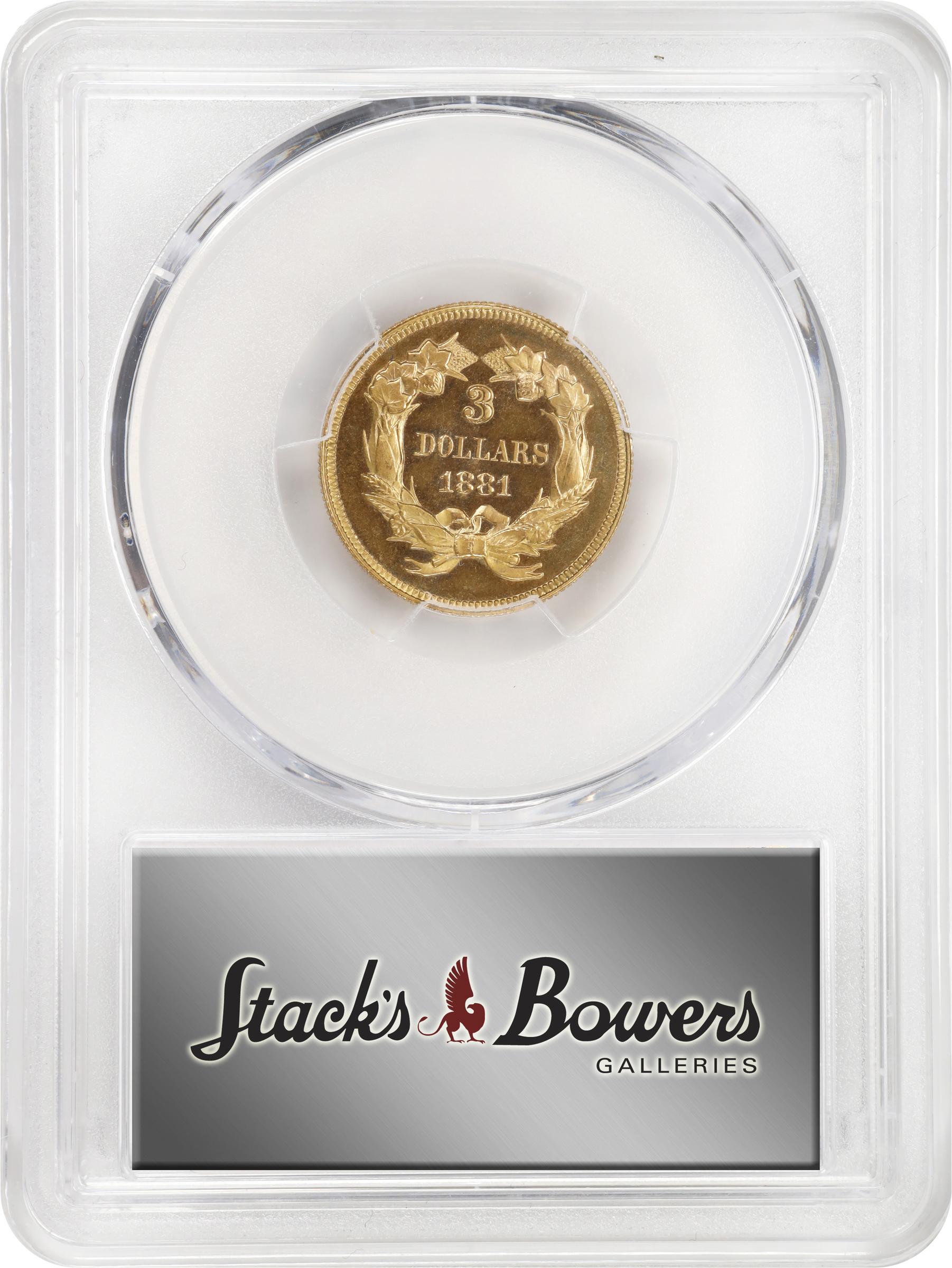 image for: 1881 Three-Dollar Gold Piece. JD-1. Rarity-6-. Centered Date. Proof-64 Cameo (PCGS). CMQ.